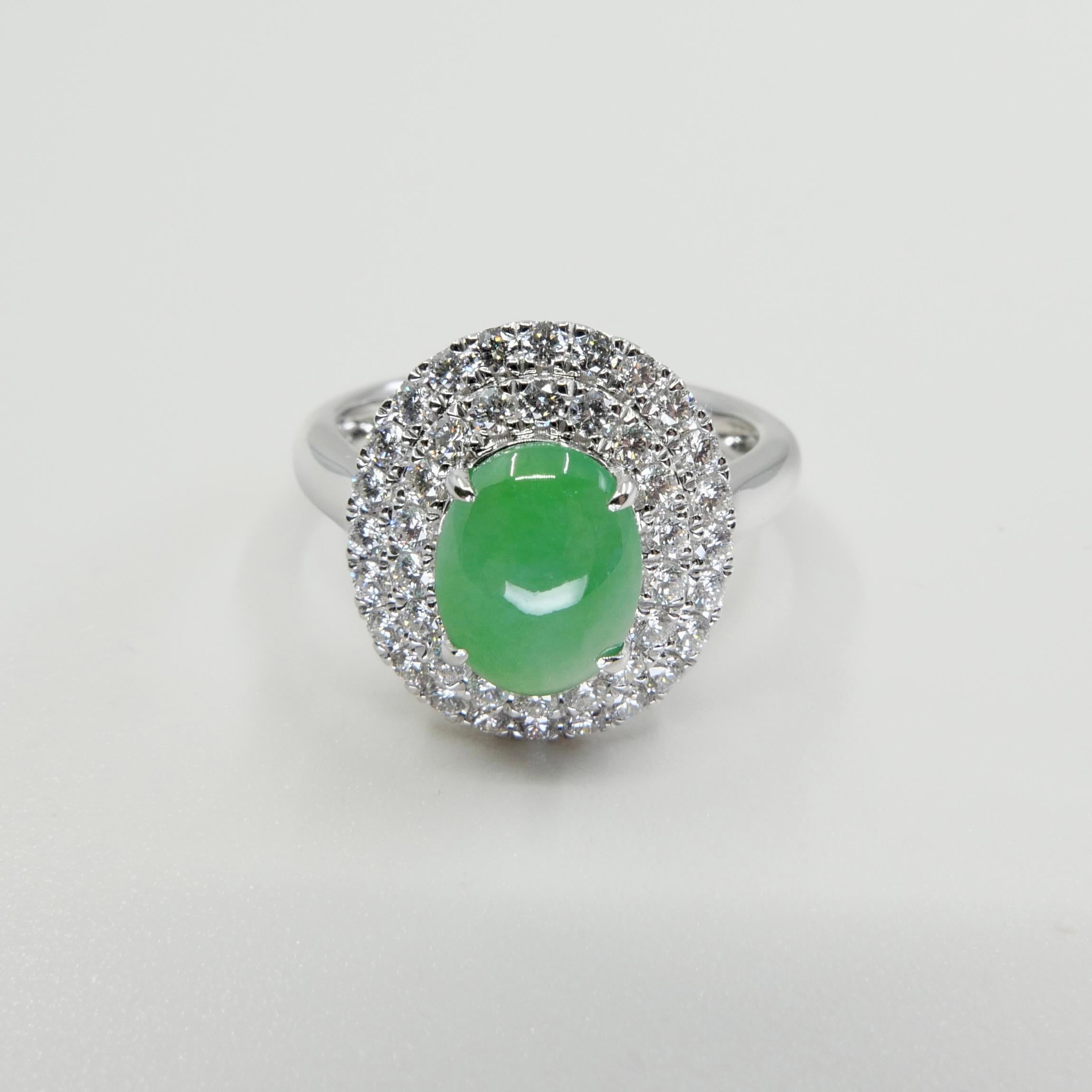 Certified 1.59 Carat Natural Jade & Diamond Cocktail Ring, Apple Green Color For Sale 7