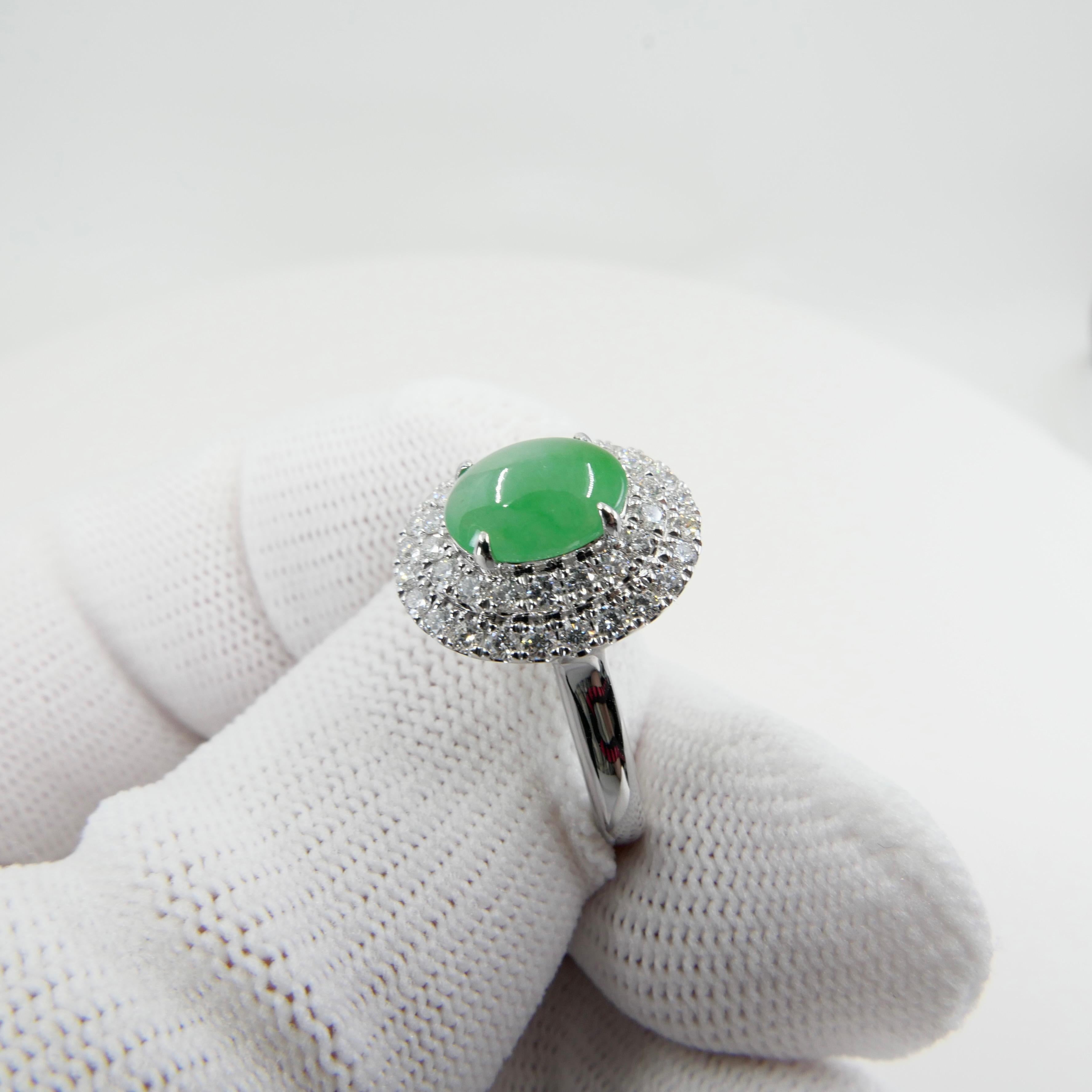 Certified 1.59 Carat Natural Jade & Diamond Cocktail Ring, Apple Green Color For Sale 10