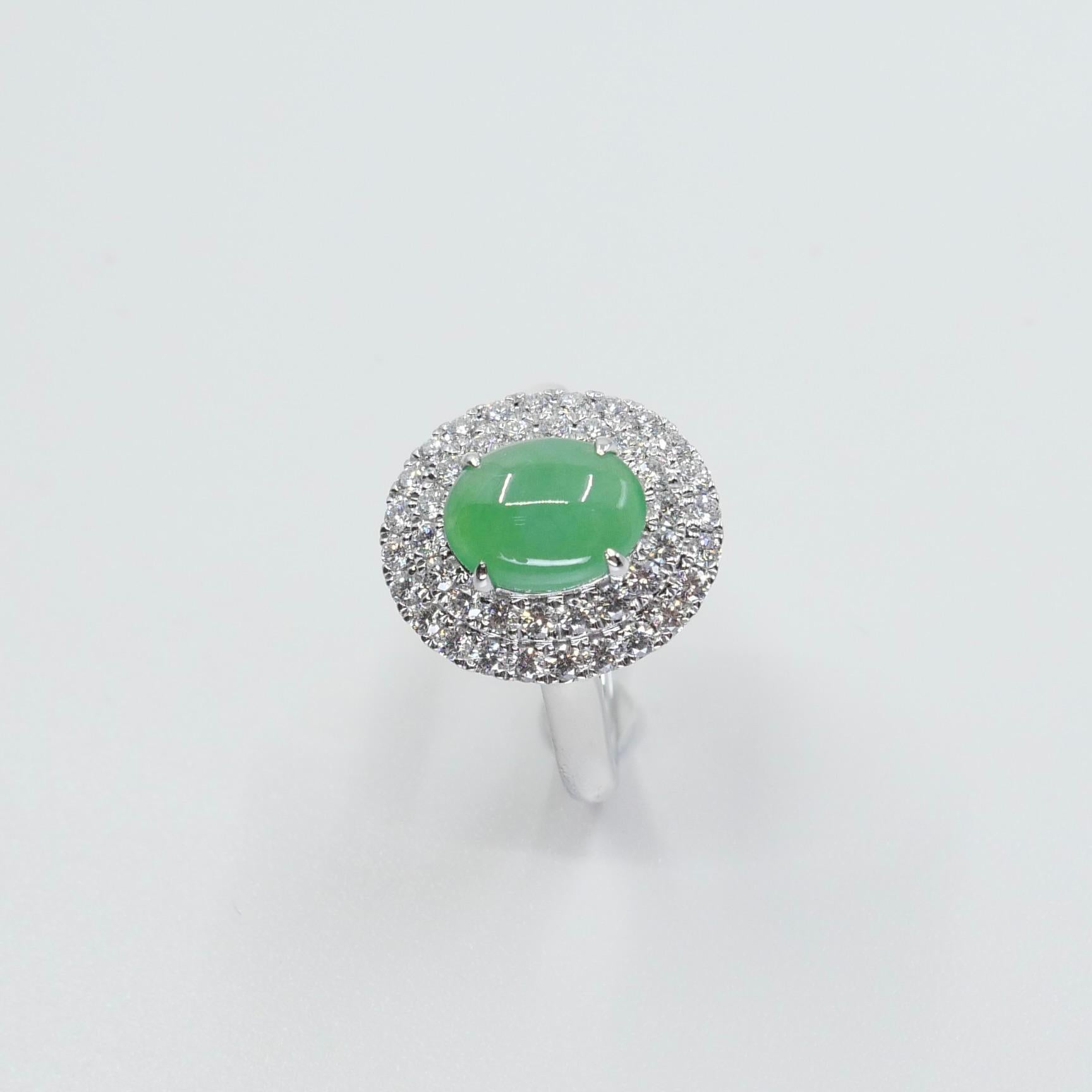 Certified 1.59 Carat Natural Jade & Diamond Cocktail Ring, Apple Green Color For Sale 4