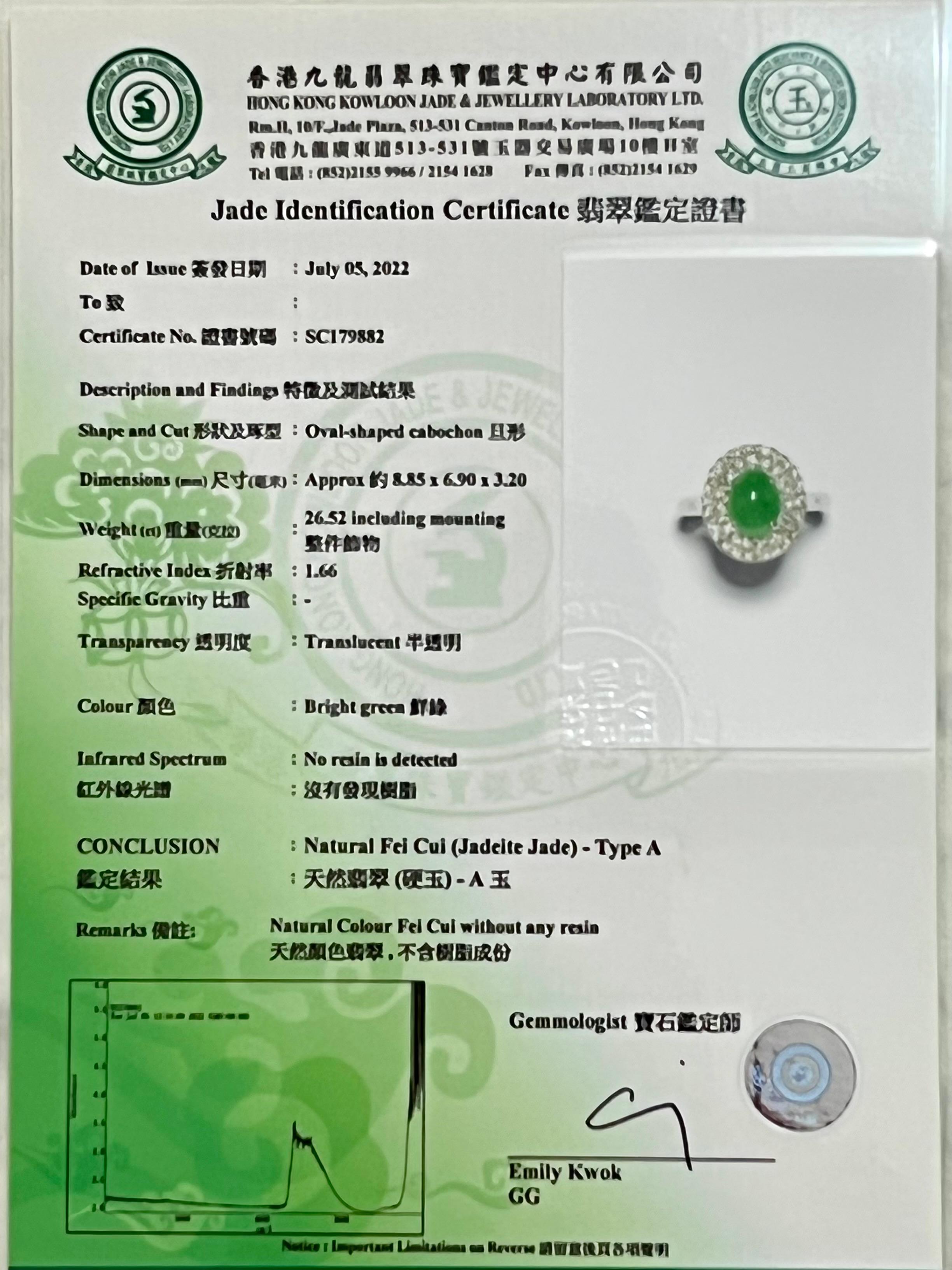 Certified 1.59 Carat Natural Jade & Diamond Cocktail Ring, Apple Green Color For Sale 12