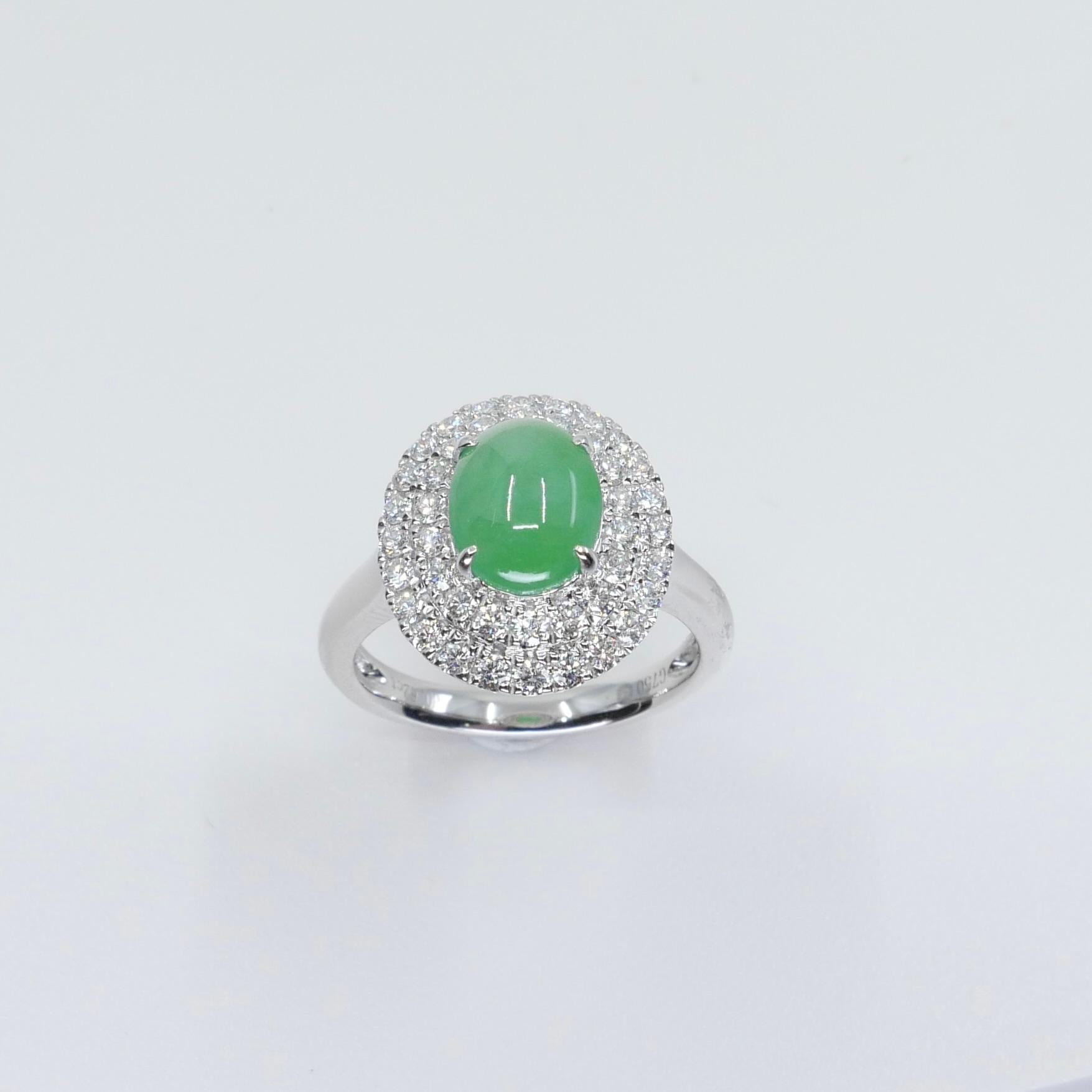 Certified 1.59 Carat Natural Jade & Diamond Cocktail Ring, Apple Green Color For Sale 5