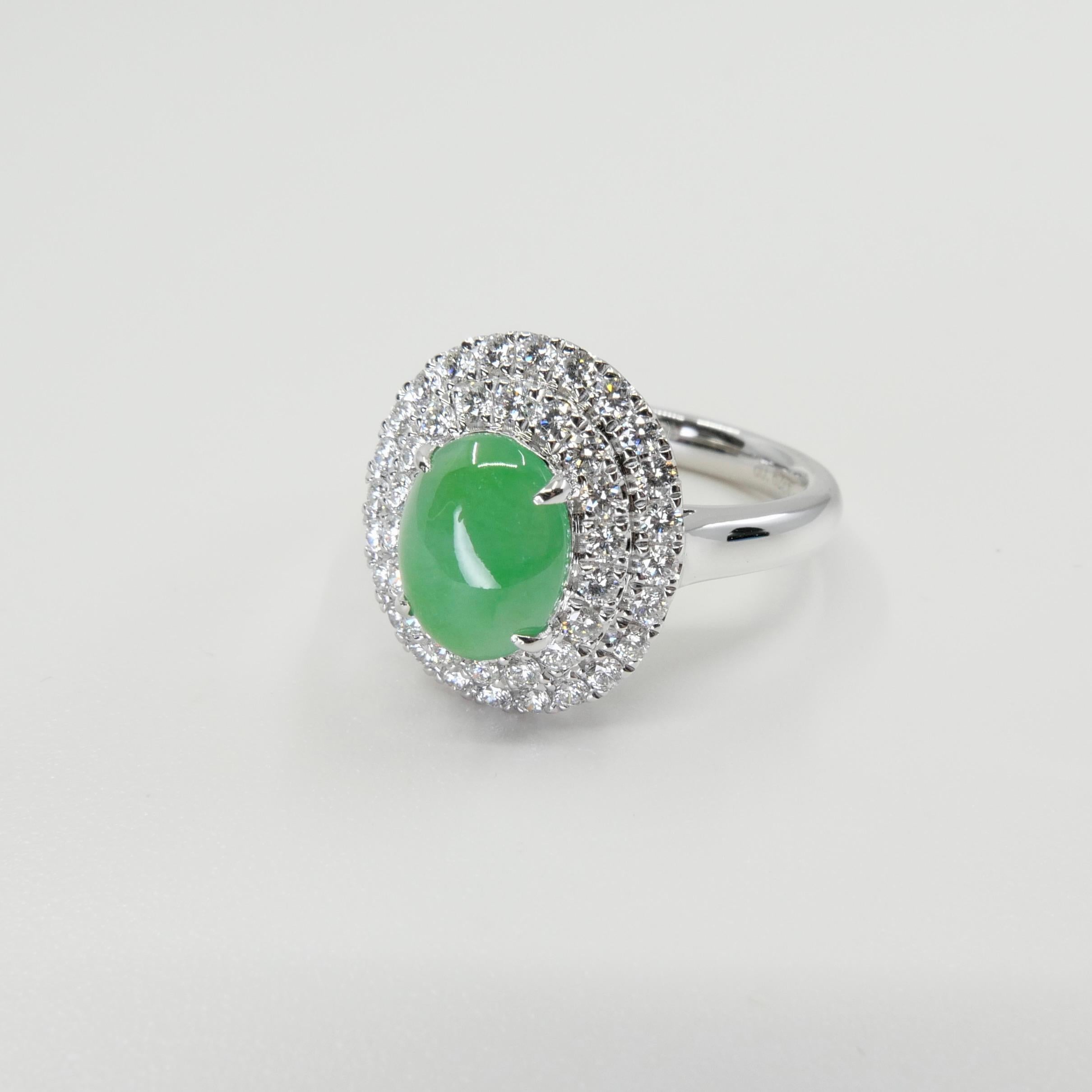 Cabochon Certified 1.59 Carat Natural Jade & Diamond Cocktail Ring, Apple Green Color For Sale
