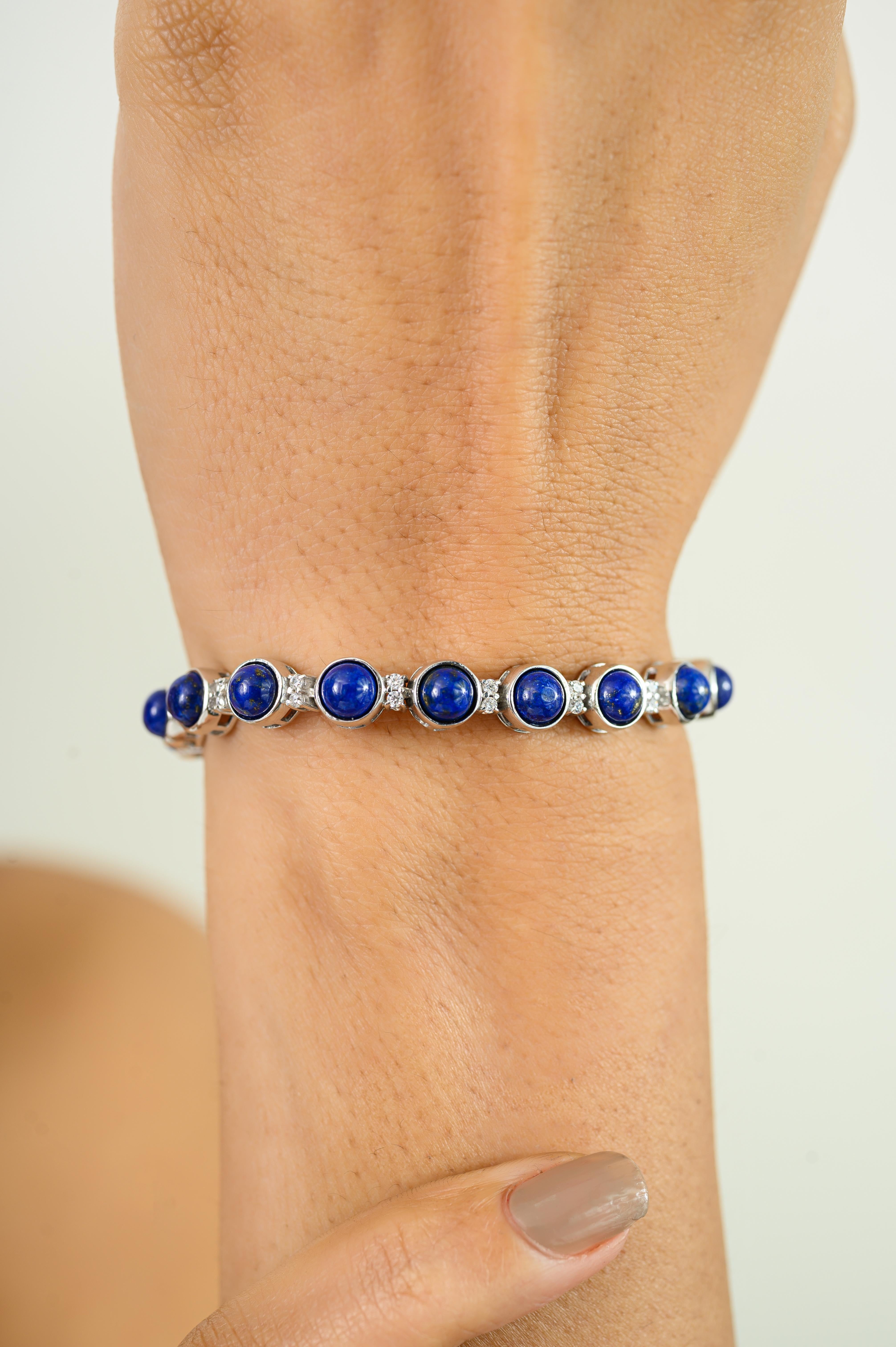 Pulsera de tenis de plata con lapislázuli y circón azul real certificado de 15,96 quilates Corte redondo en venta