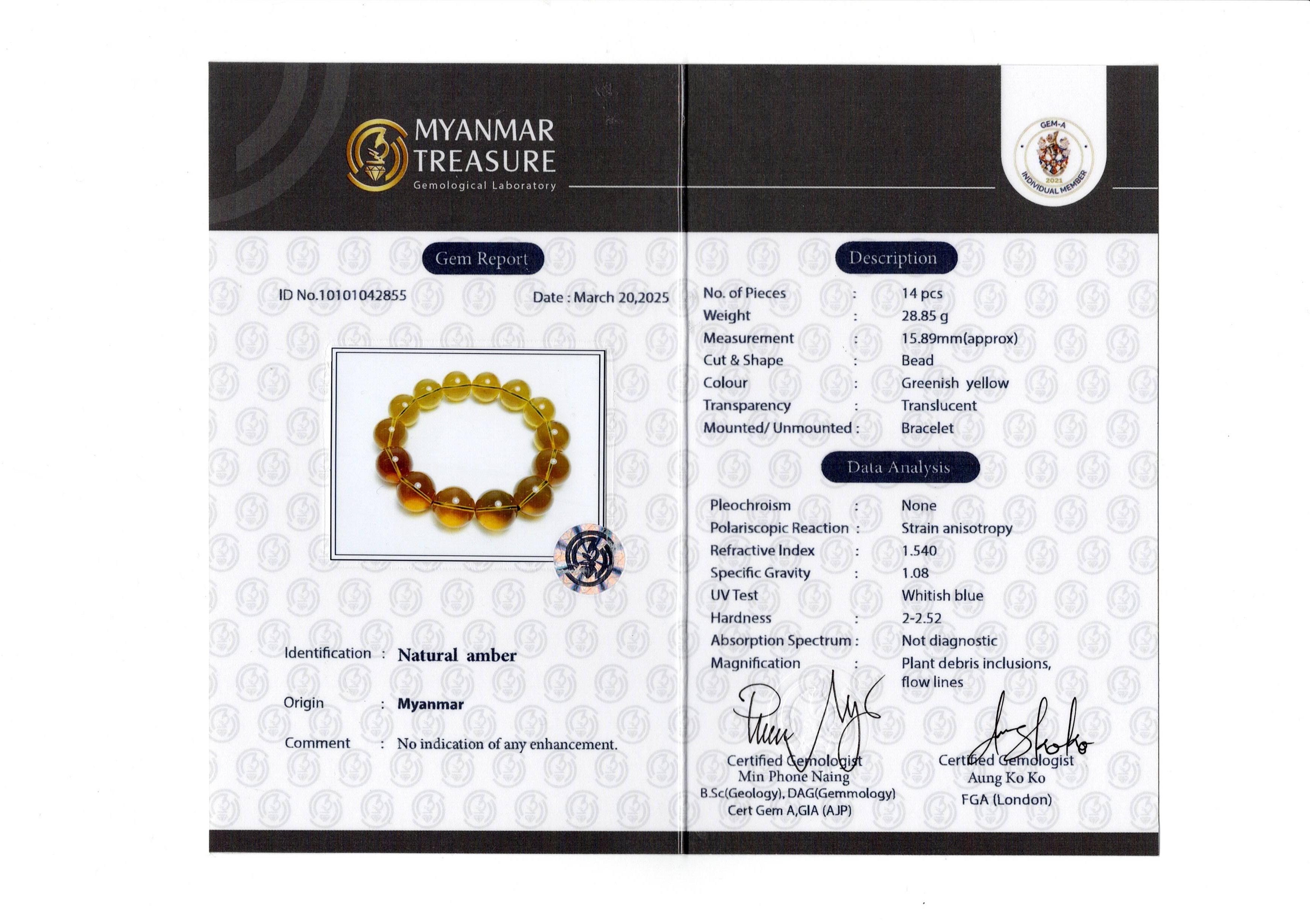 Pulsera de ámbar burmita natural certificado de más de 15 mm- 28,85 g (pulsera de ámbar dorado) en venta 6