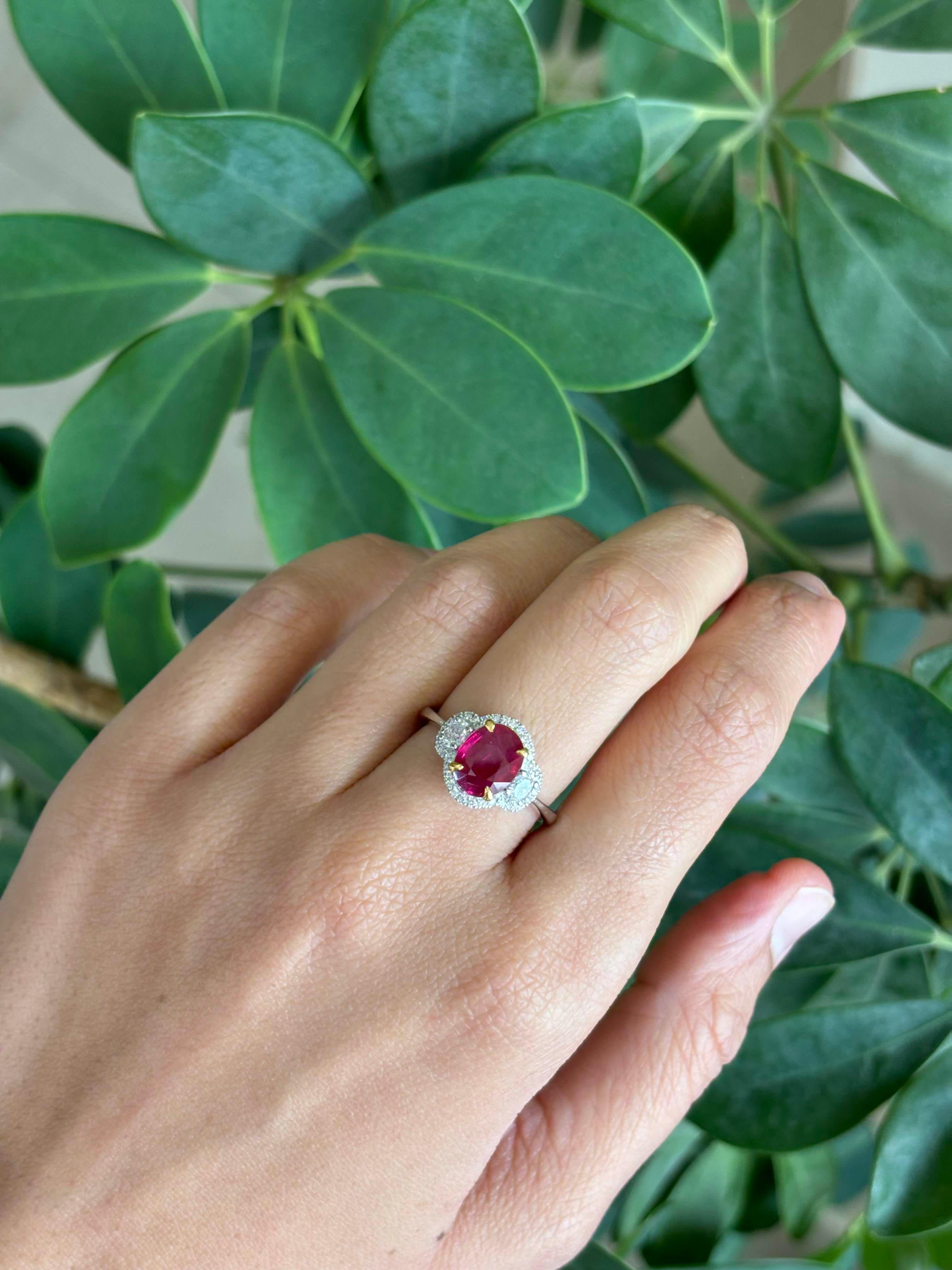 Certified 1.60 Ruby and Diamond Three Stone Engagement Ring For Sale 3