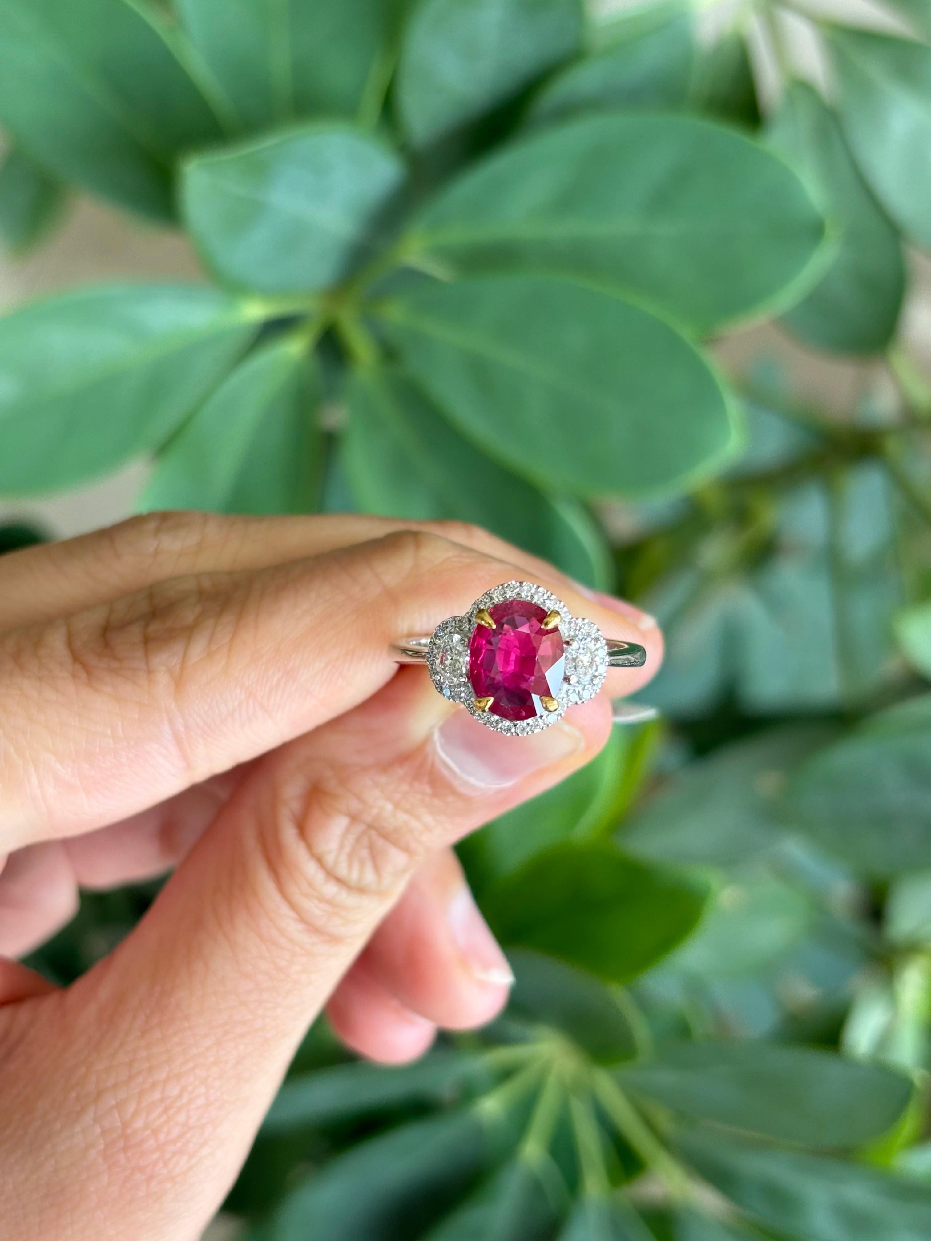 Certified 1.60 Ruby and Diamond Three Stone Engagement Ring In New Condition For Sale In Bangkok, Thailand
