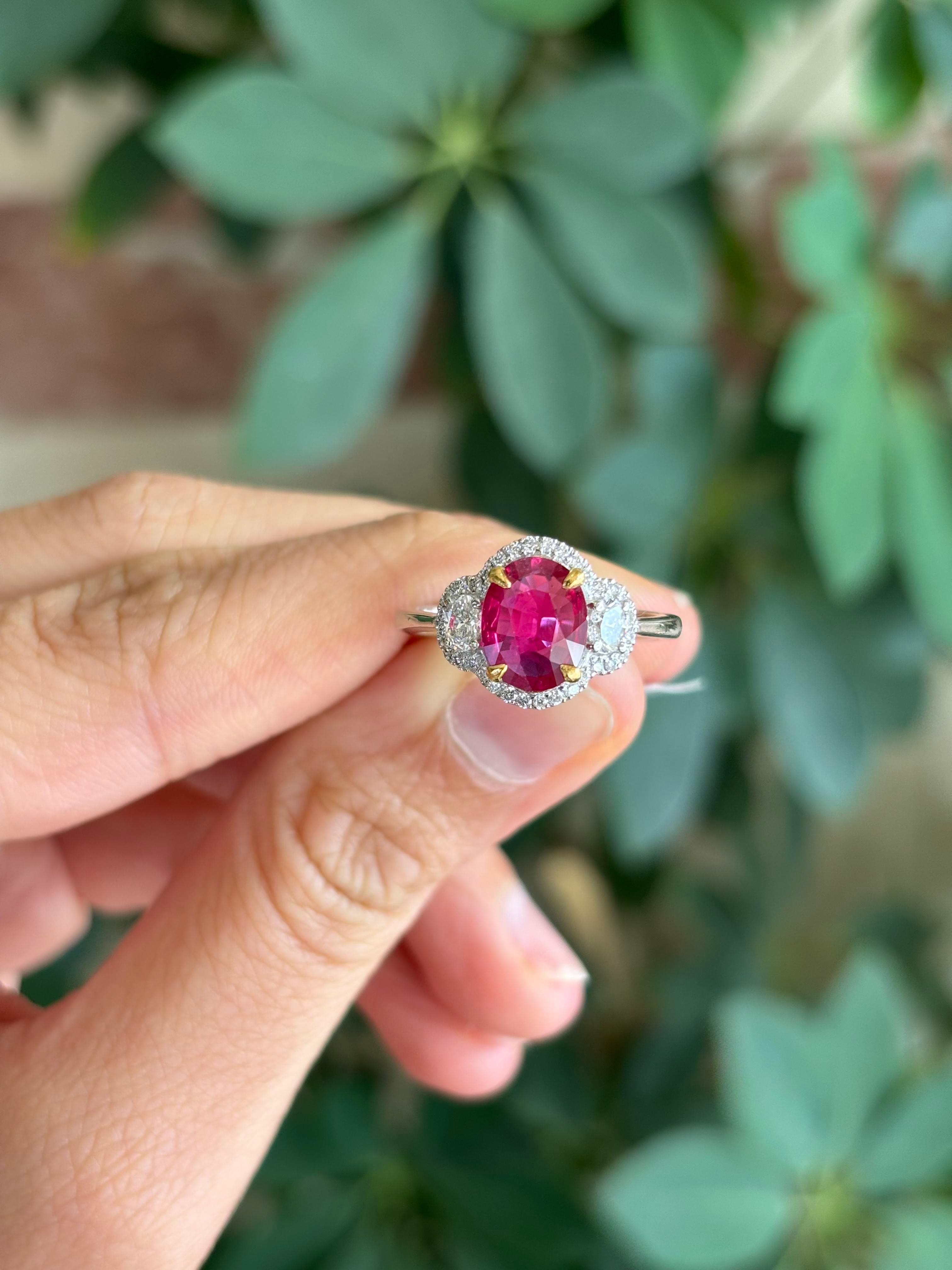 Women's or Men's Certified 1.60 Ruby and Diamond Three Stone Engagement Ring For Sale