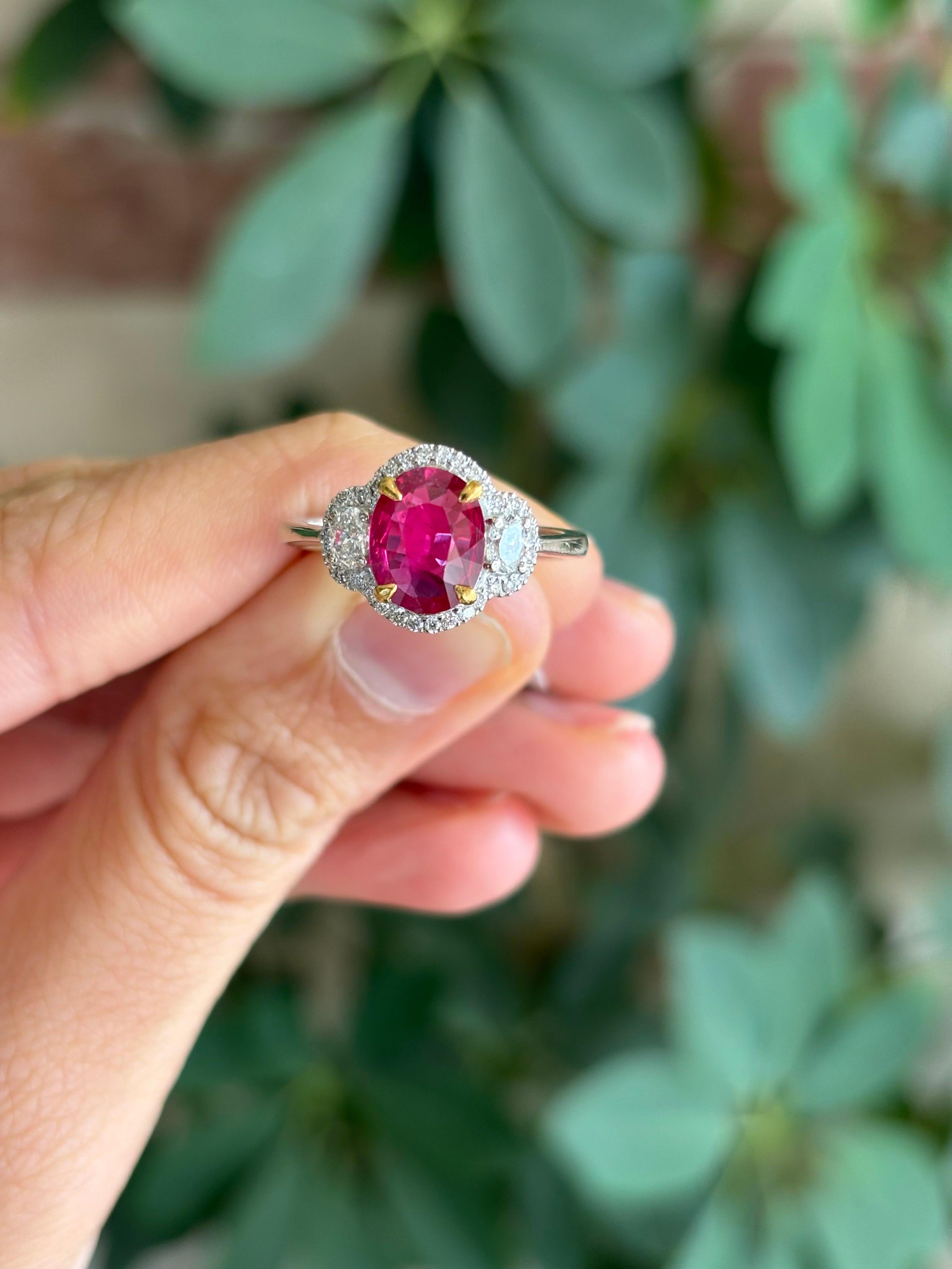Certified 1.60 Ruby and Diamond Three Stone Engagement Ring For Sale 1
