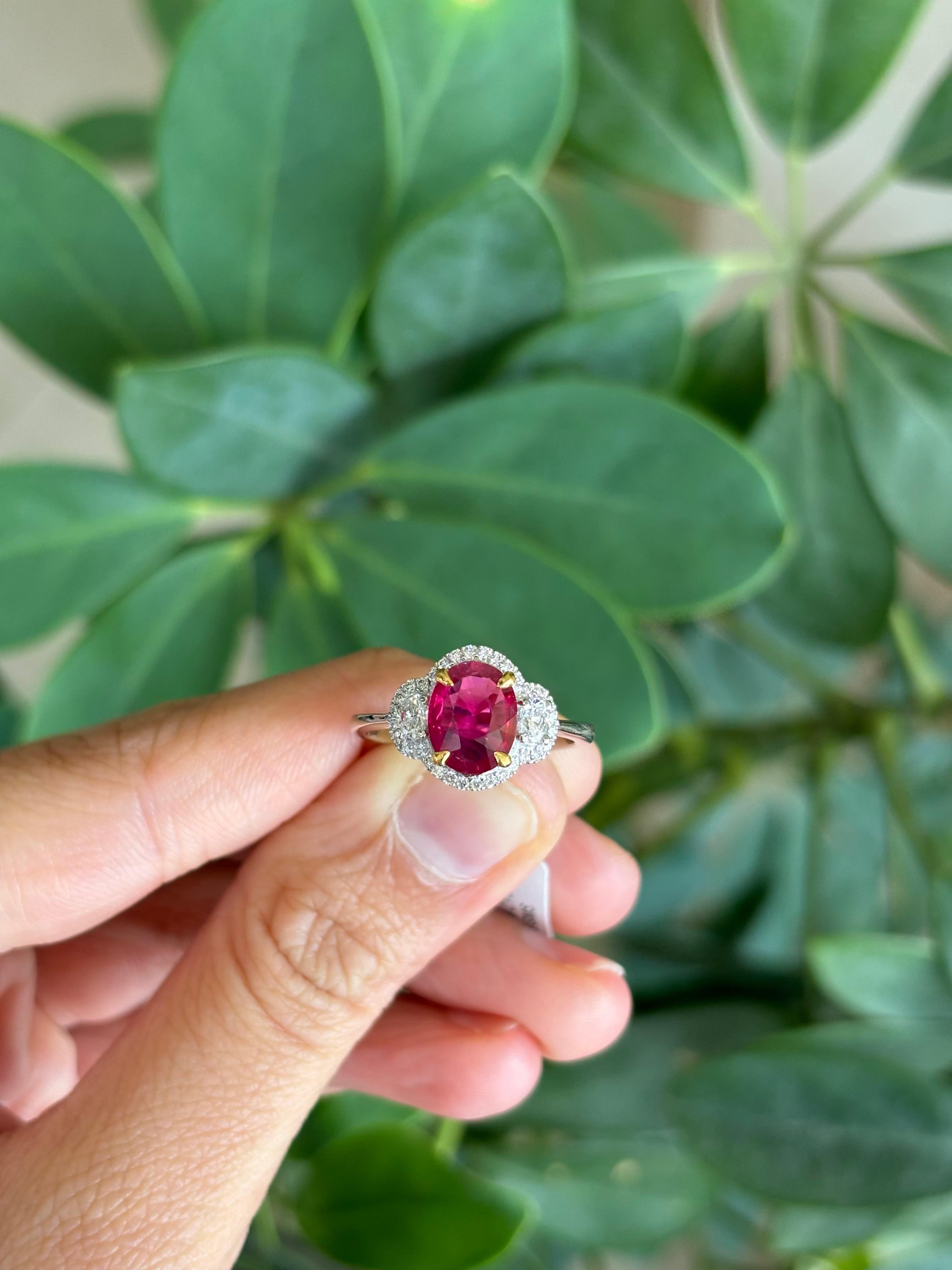 Certified 1.60 Ruby and Diamond Three Stone Engagement Ring For Sale 2