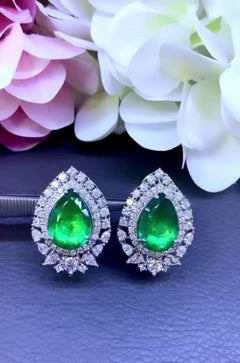 Certified 16.00 Carats Zambian Emeralds  5.90 Ct Diamonds 18k Gold Earrings