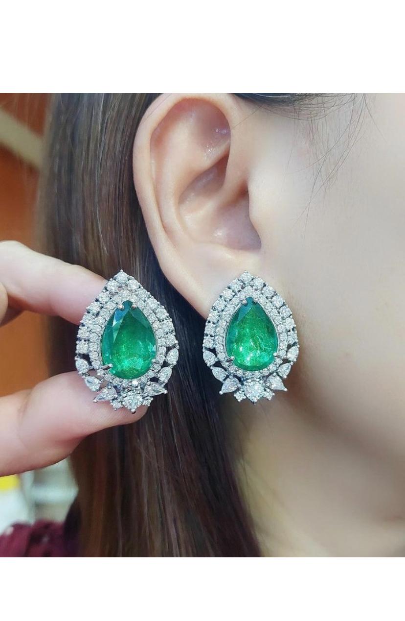 Pear Cut Certified 16.00 Carats Zambian Emeralds  5.90 Ct Diamonds 18k Gold Earrings  For Sale