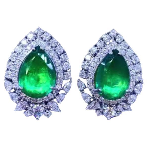 Certified 16.00 Carats Zambian Emeralds  5.90 Ct Diamonds 18k Gold Earrings  For Sale