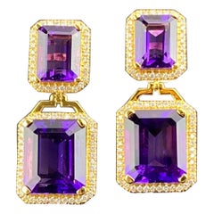 Pendientes colgantes de amatista natural y diamante certificados de 16,05 quilates