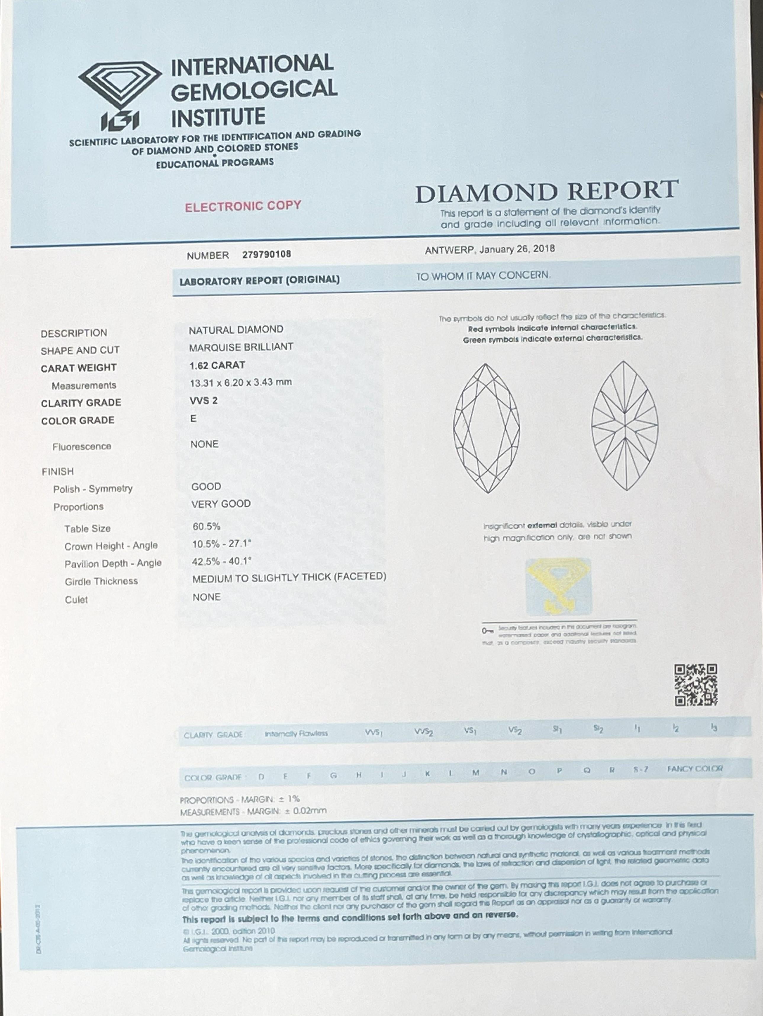 Bague de fiançailles avec diamant marquise certifié 1,62 carat  Pour femmes en vente