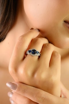 Certified 1.62 Ct Marquise Cut Blue Sapphire & Diamond Halo Ring 14K White Gold