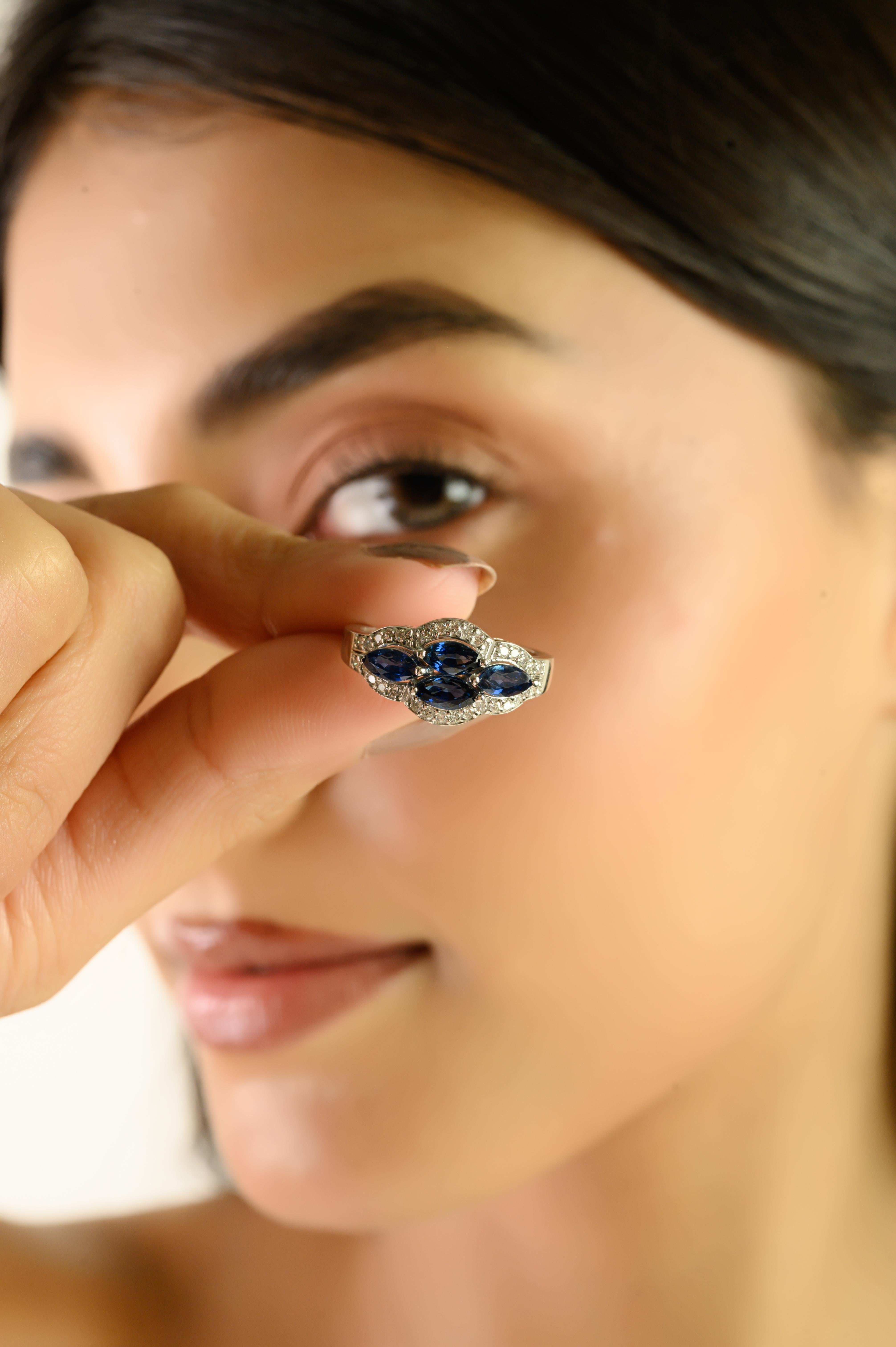 Im Angebot: Zertifizierter 1,62 Karat blauer Saphir im Marquiseschliff & Diamant-Halo-Ring 14K Weißgold () 6