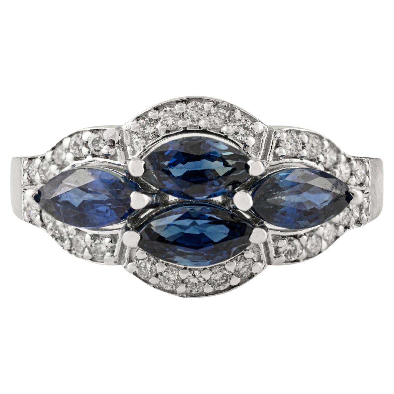 Anello aureola con zaffiro blu e diamante taglio marquise certificato da 1,62 carati, oro bianco 14 carati