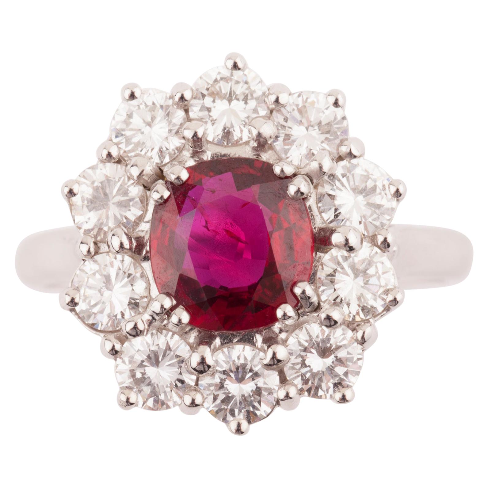 Certified 1.64 Carat Ruby and 1.50 Carat Diamonds French Ring For Sale
