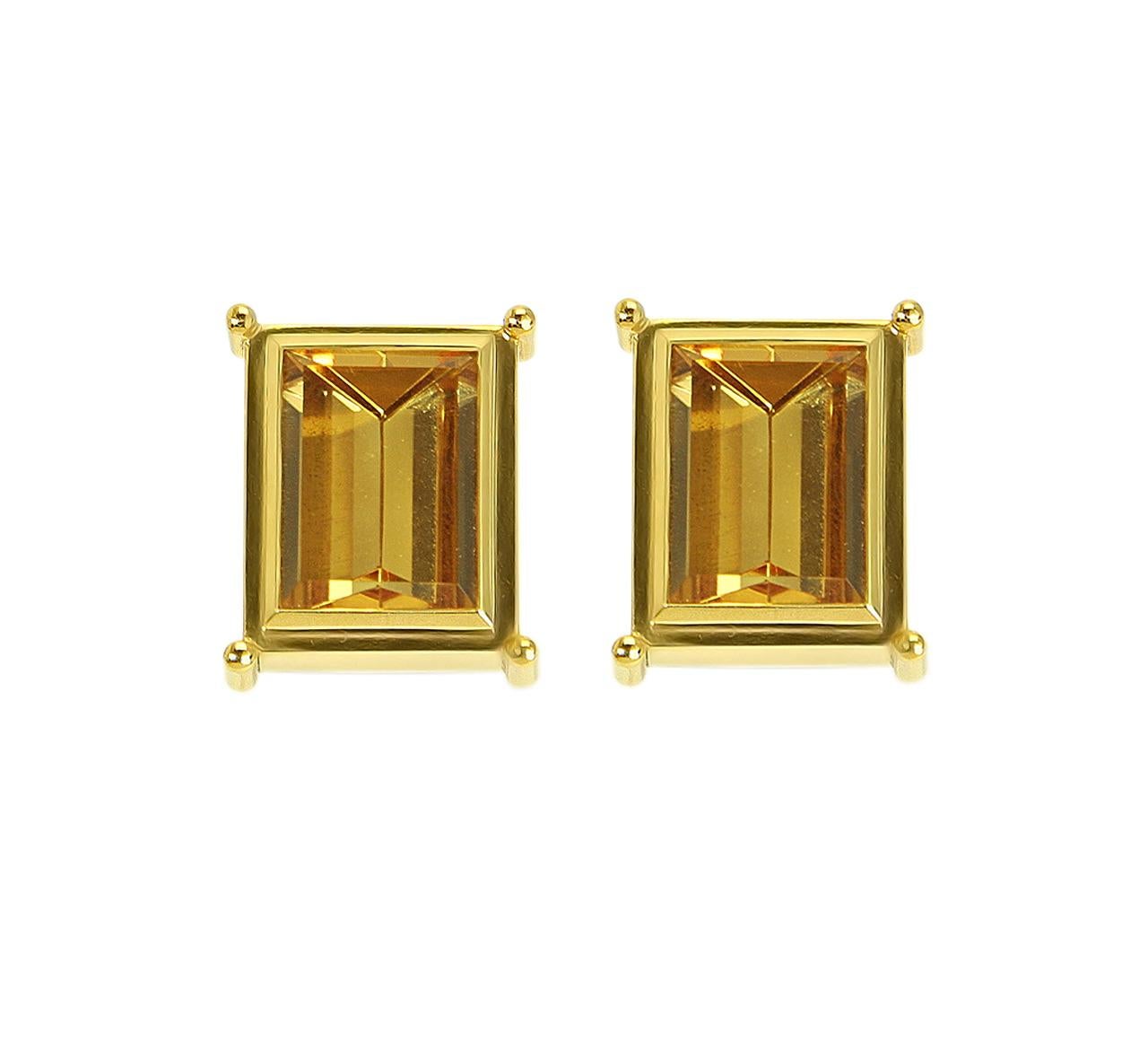 These handmade stud earrings were manufactured in Germany by Colleen B. Rosenblat. 22 karat yellow gold studs with 16.46 carat citrine in excellent quality. 