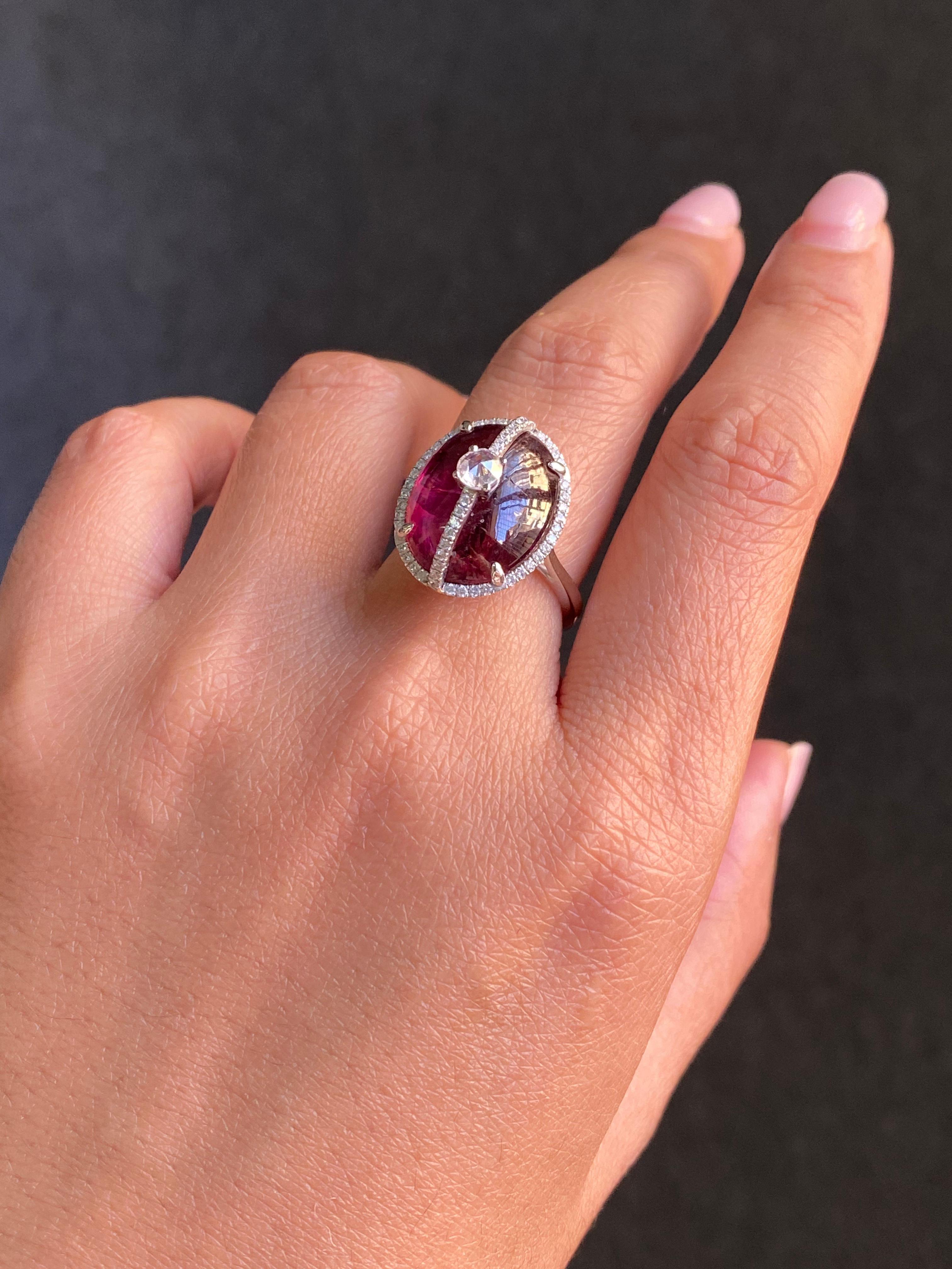Certified 16.47 Carat Rubelite Tourmaline Cabochon and Diamond Cocktail Ring For Sale 5