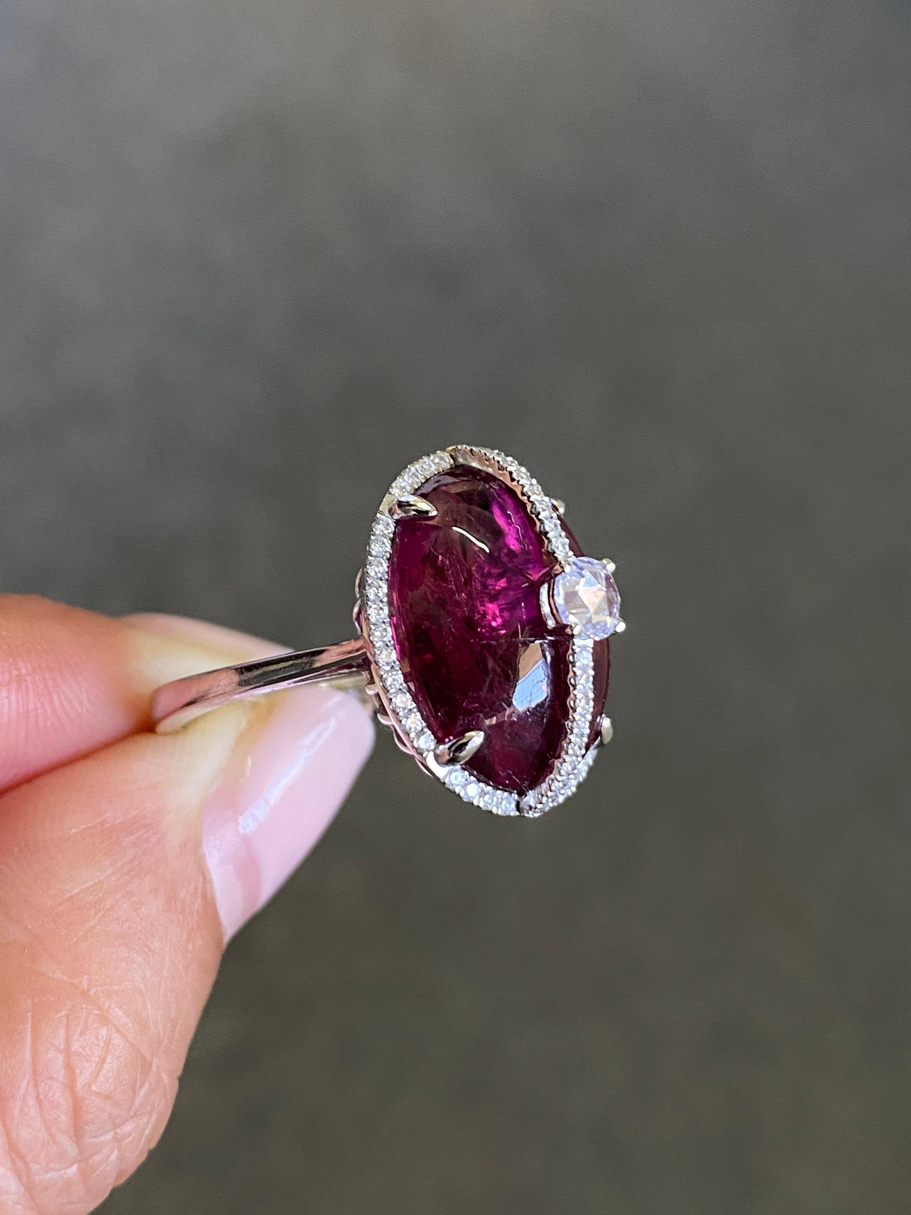 Modern Certified 16.47 Carat Rubelite Tourmaline Cabochon and Diamond Cocktail Ring For Sale