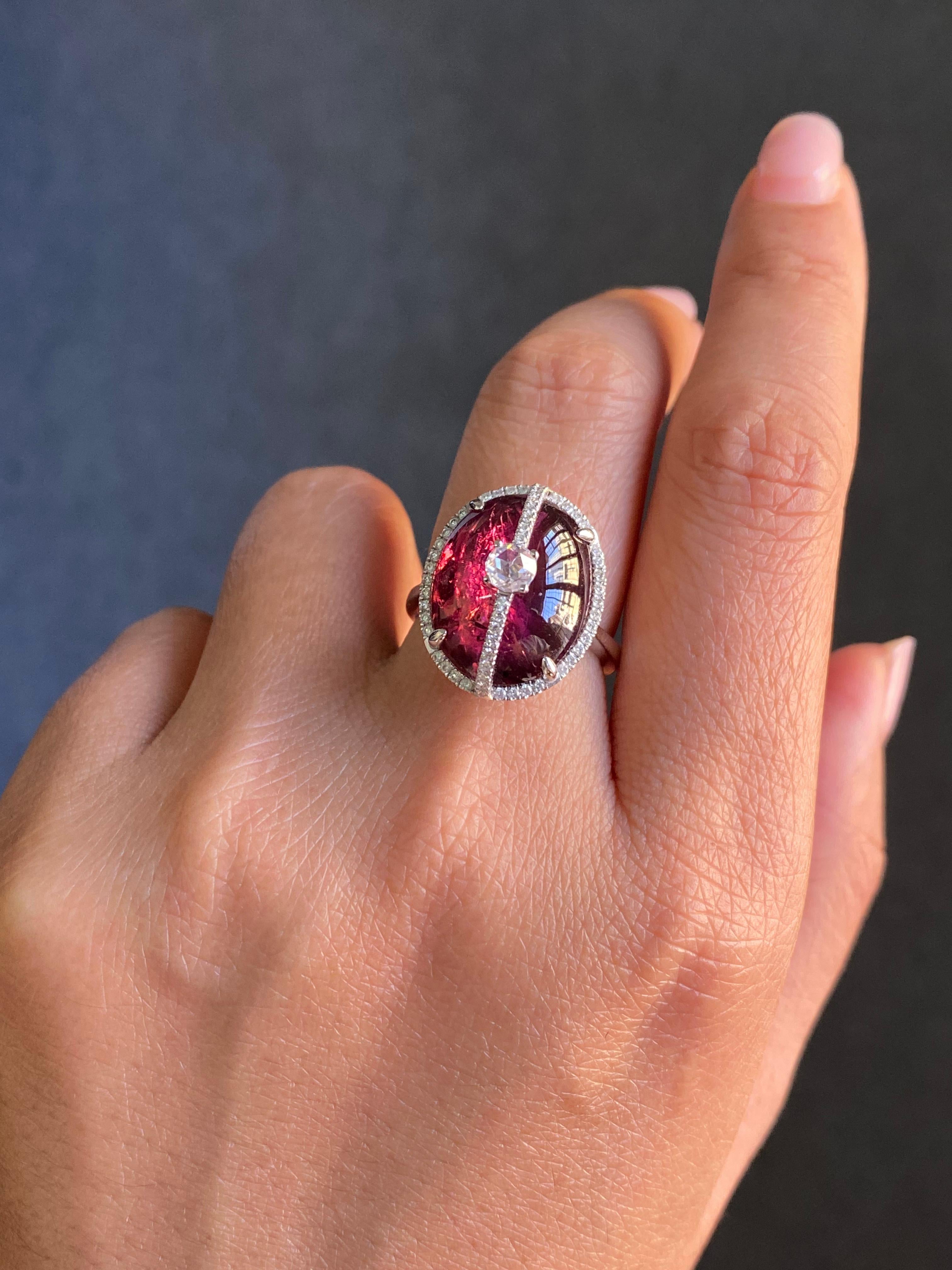 Certified 16.47 Carat Rubelite Tourmaline Cabochon and Diamond Cocktail Ring For Sale 1