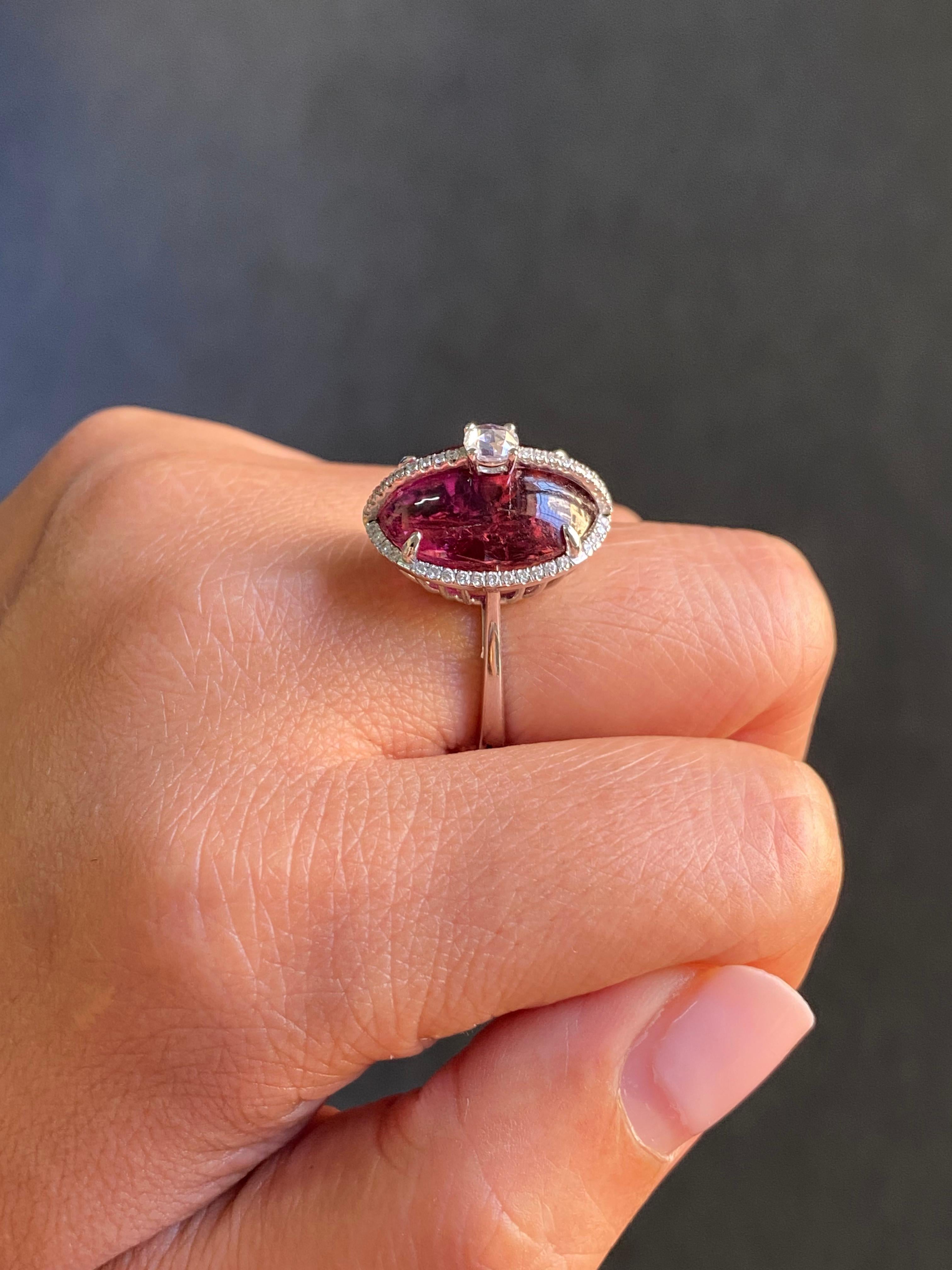 Certified 16.47 Carat Rubelite Tourmaline Cabochon and Diamond Cocktail Ring For Sale 3
