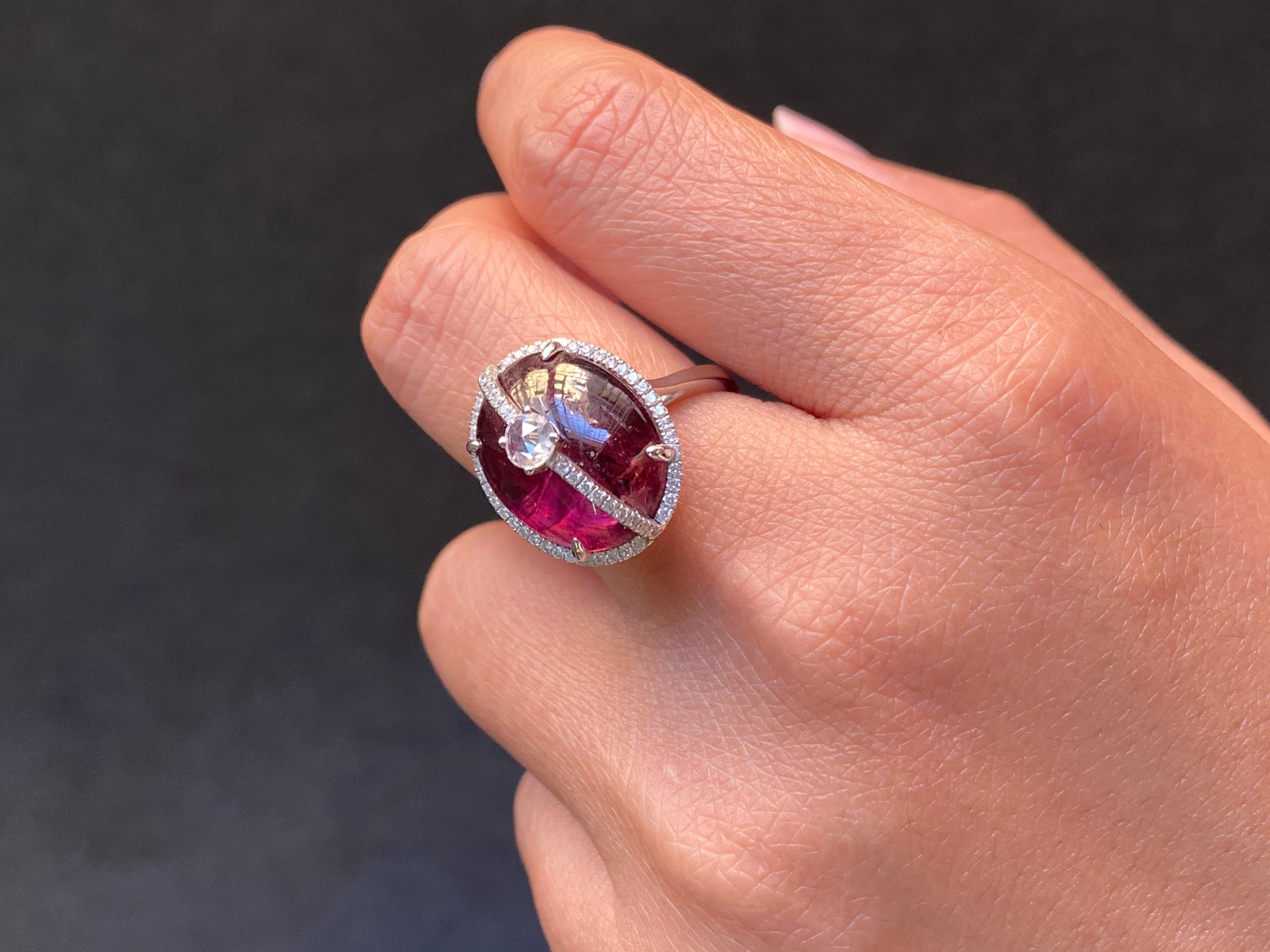 Certified 16.47 Carat Rubelite Tourmaline Cabochon and Diamond Cocktail Ring For Sale 4