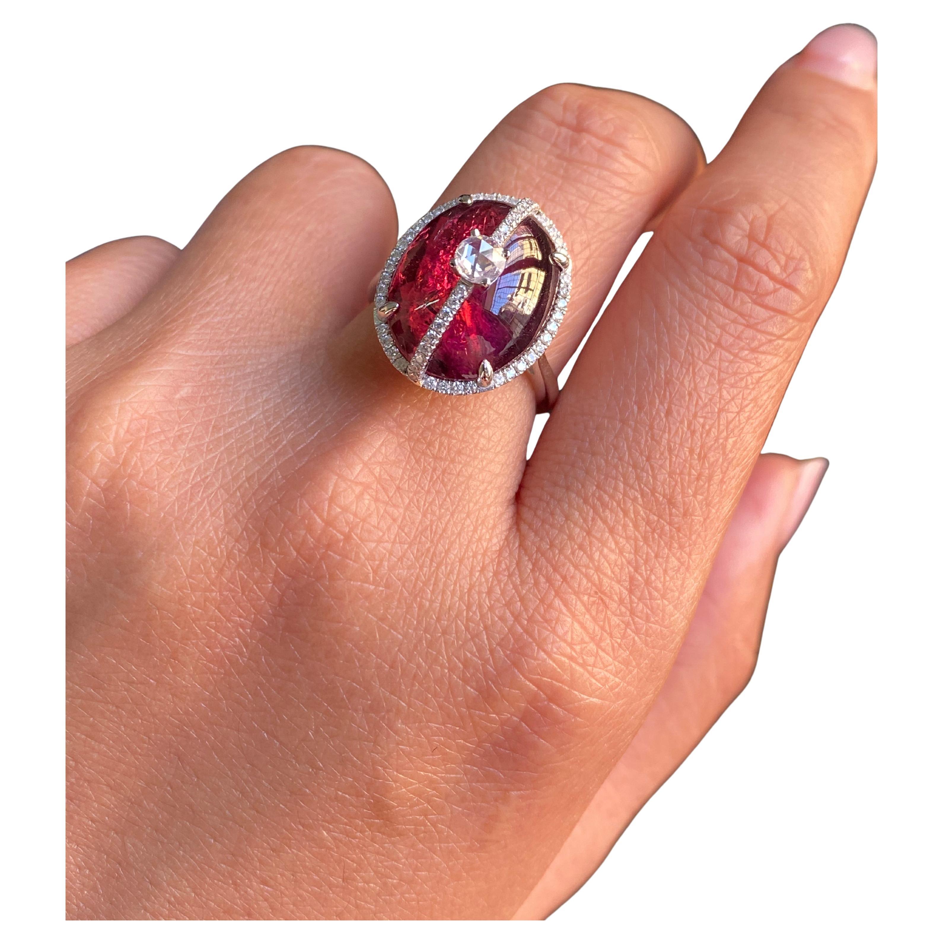 Certified 16.47 Carat Rubelite Tourmaline Cabochon and Diamond Cocktail Ring For Sale