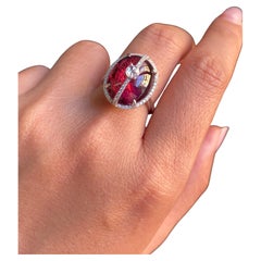 Cocktailring mit zertifiziertem 16,47 Karat Rubelit, Turmalin, Cabochon und Diamant