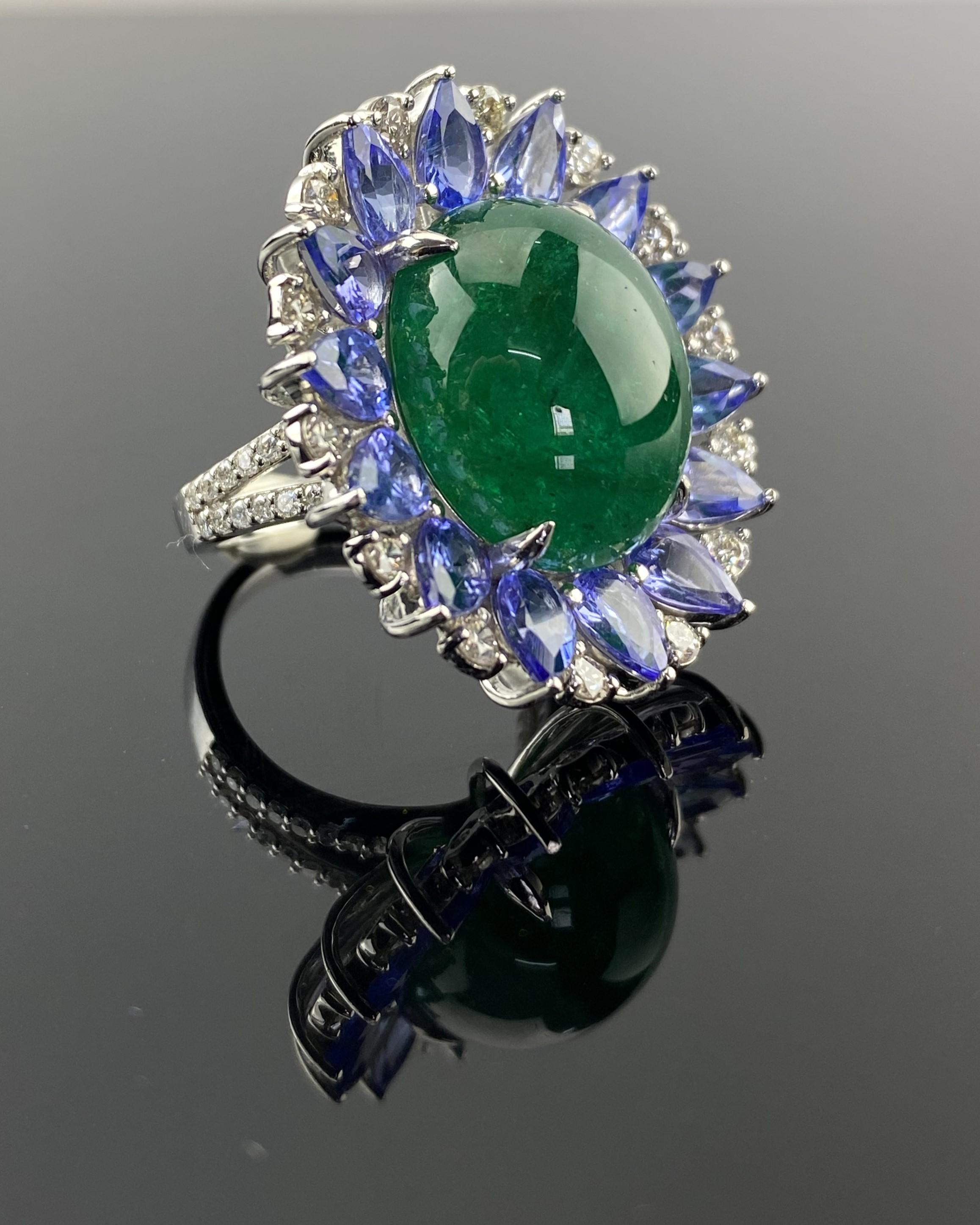 Modern Certified 16.62 Carat Emerald Cabochon and Tanzanite and Diamond Cocktail Ring For Sale