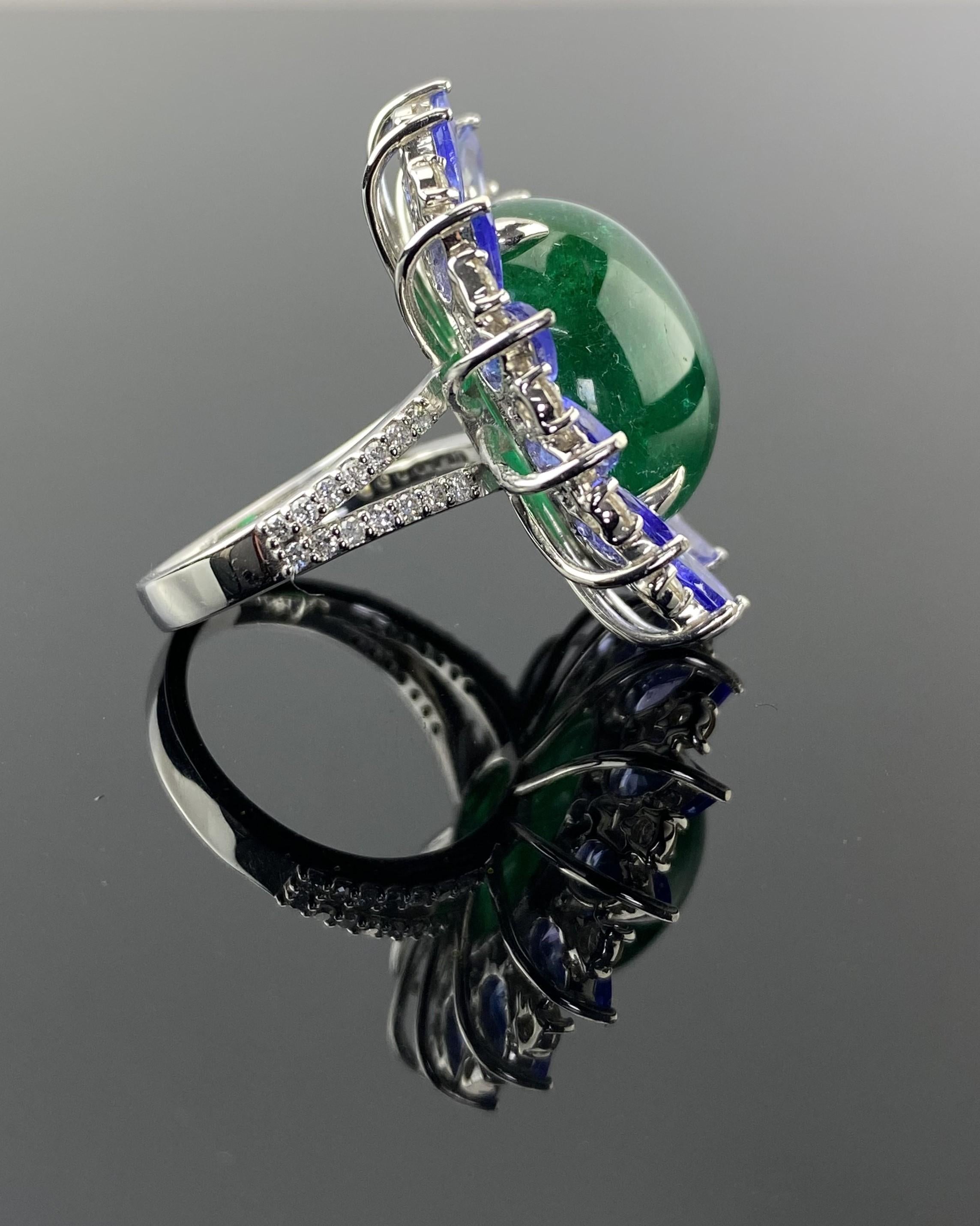 Women's Certified 16.62 Carat Emerald Cabochon and Tanzanite and Diamond Cocktail Ring For Sale