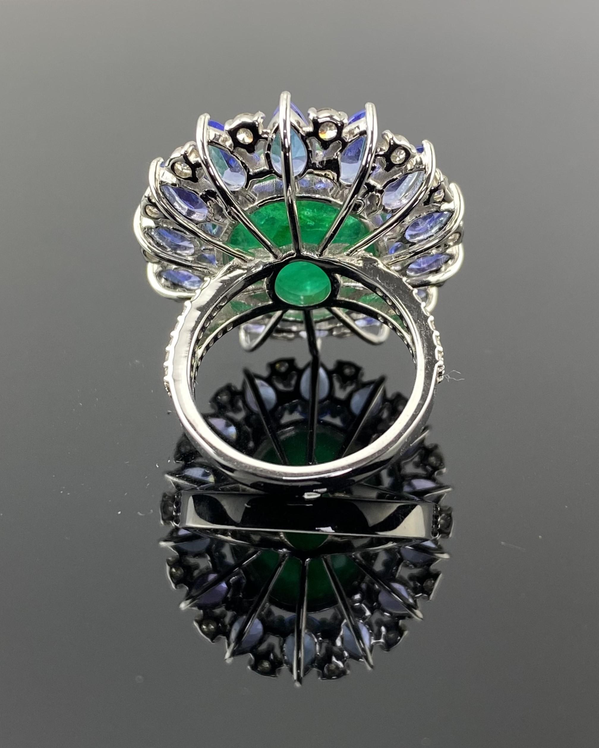 Certified 16.62 Carat Emerald Cabochon and Tanzanite and Diamond Cocktail Ring For Sale 1