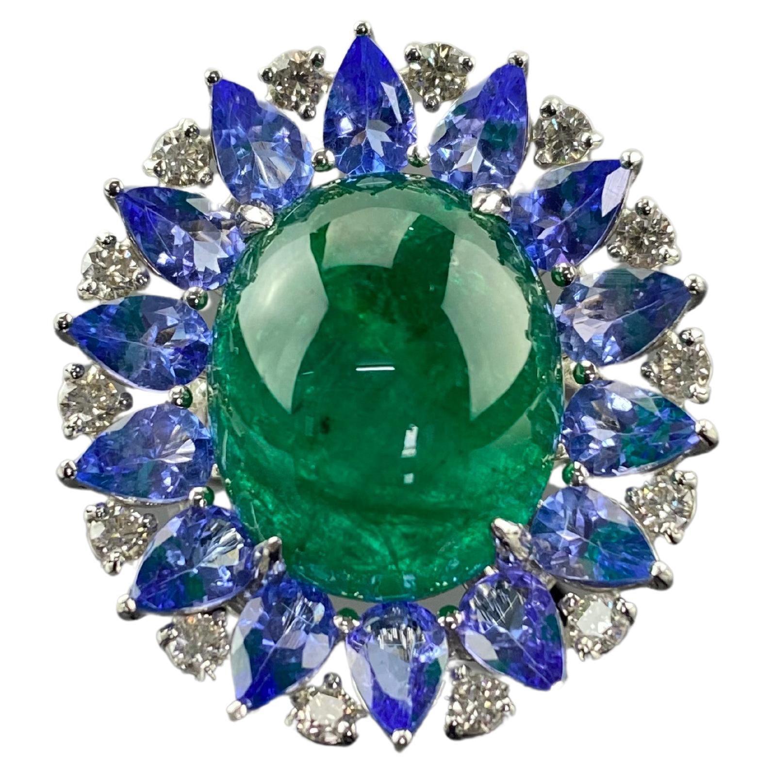 Certified 16.62 Carat Emerald Cabochon and Tanzanite and Diamond Cocktail Ring