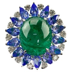Certified 16.62 Carat Emerald Cabochon and Tanzanite and Diamond Cocktail Ring