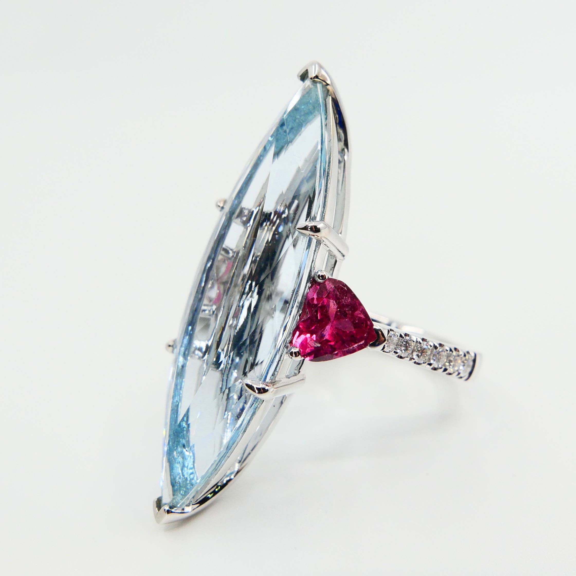 Certified 16Cts Aquamarine, Heart Shaped Pink Tourmaline & Diamond Cocktail Ring For Sale 2