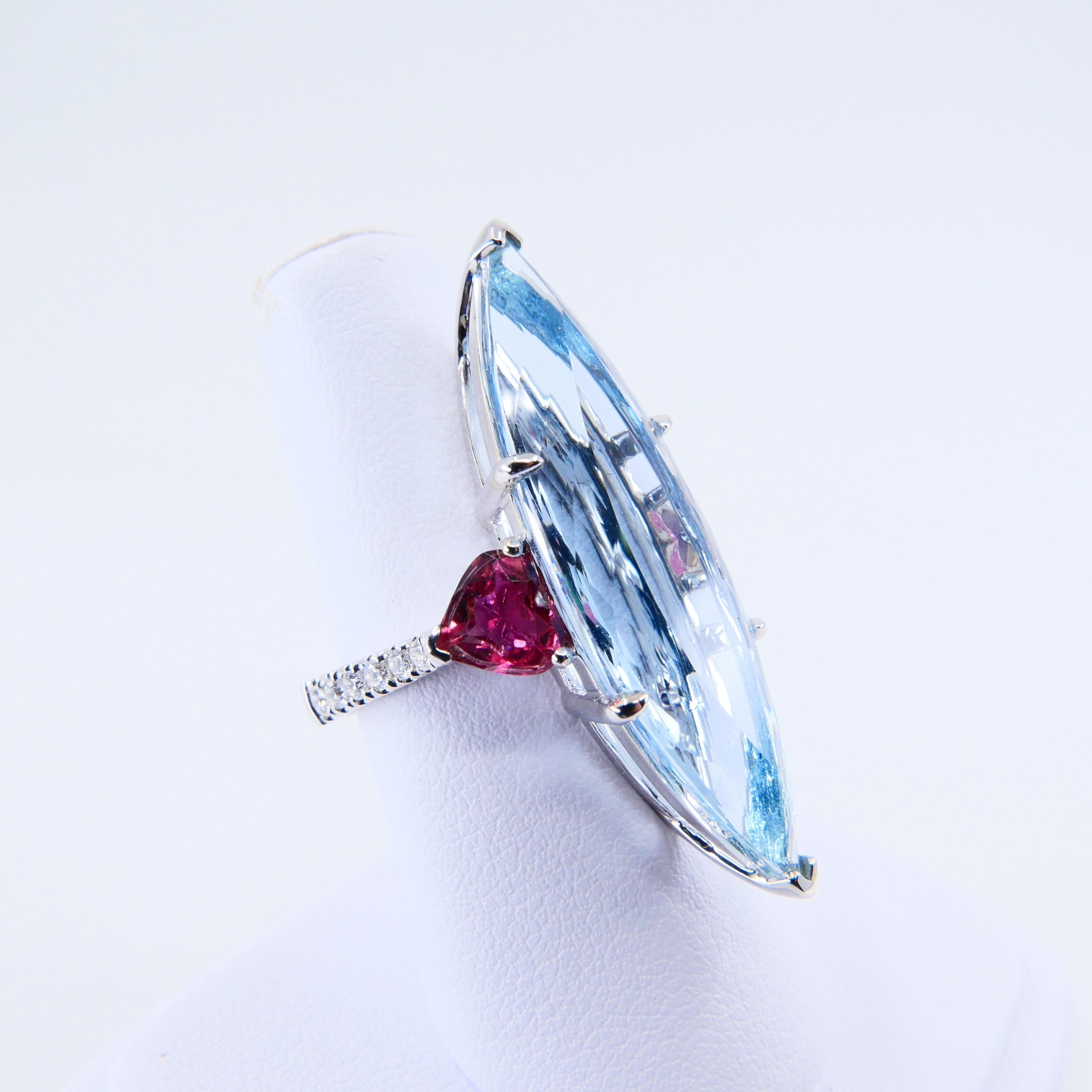 Contemporary Certified 16Cts Aquamarine, Heart Shaped Pink Tourmaline & Diamond Cocktail Ring For Sale