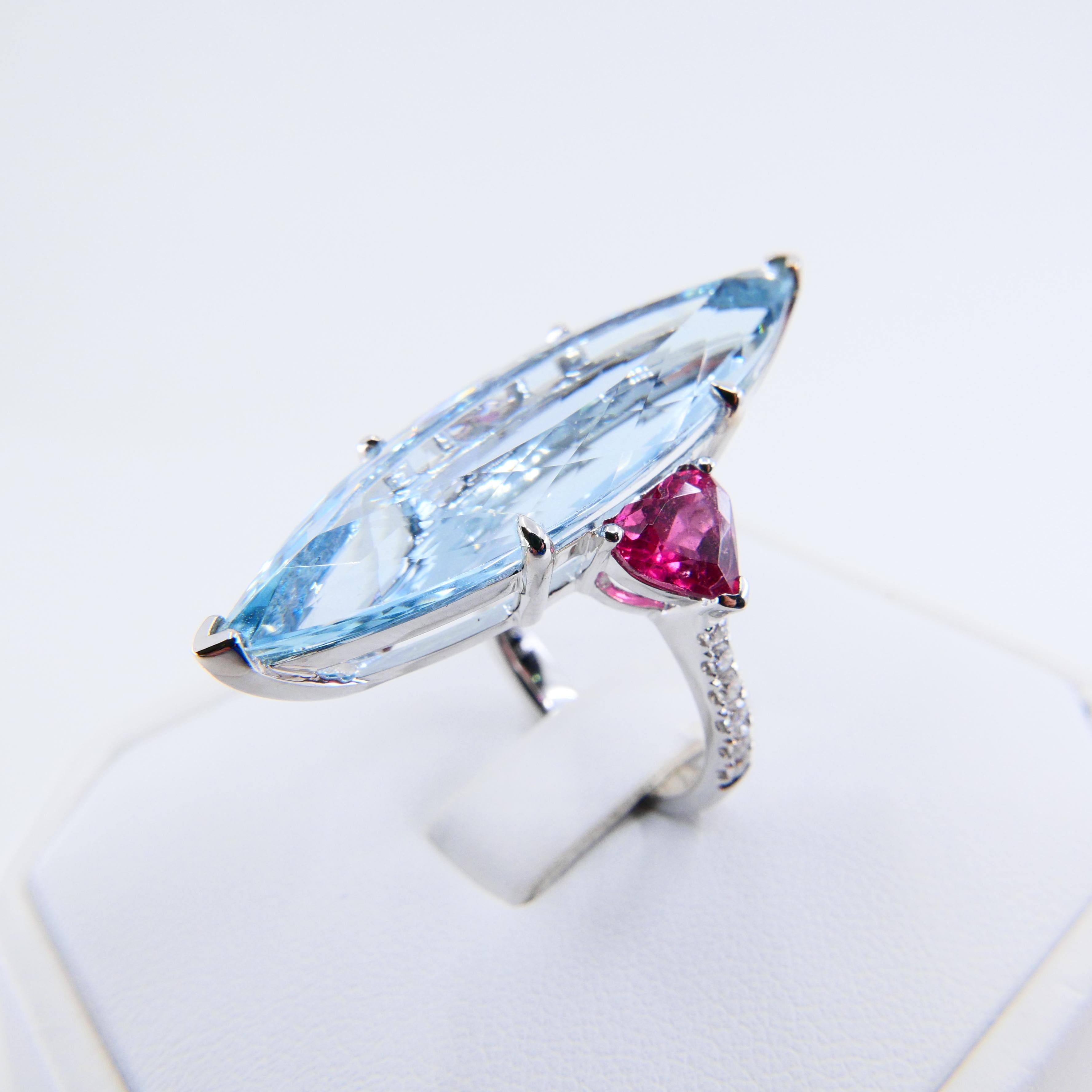 Marquise Cut Certified 16Cts Aquamarine, Heart Shaped Pink Tourmaline & Diamond Cocktail Ring For Sale