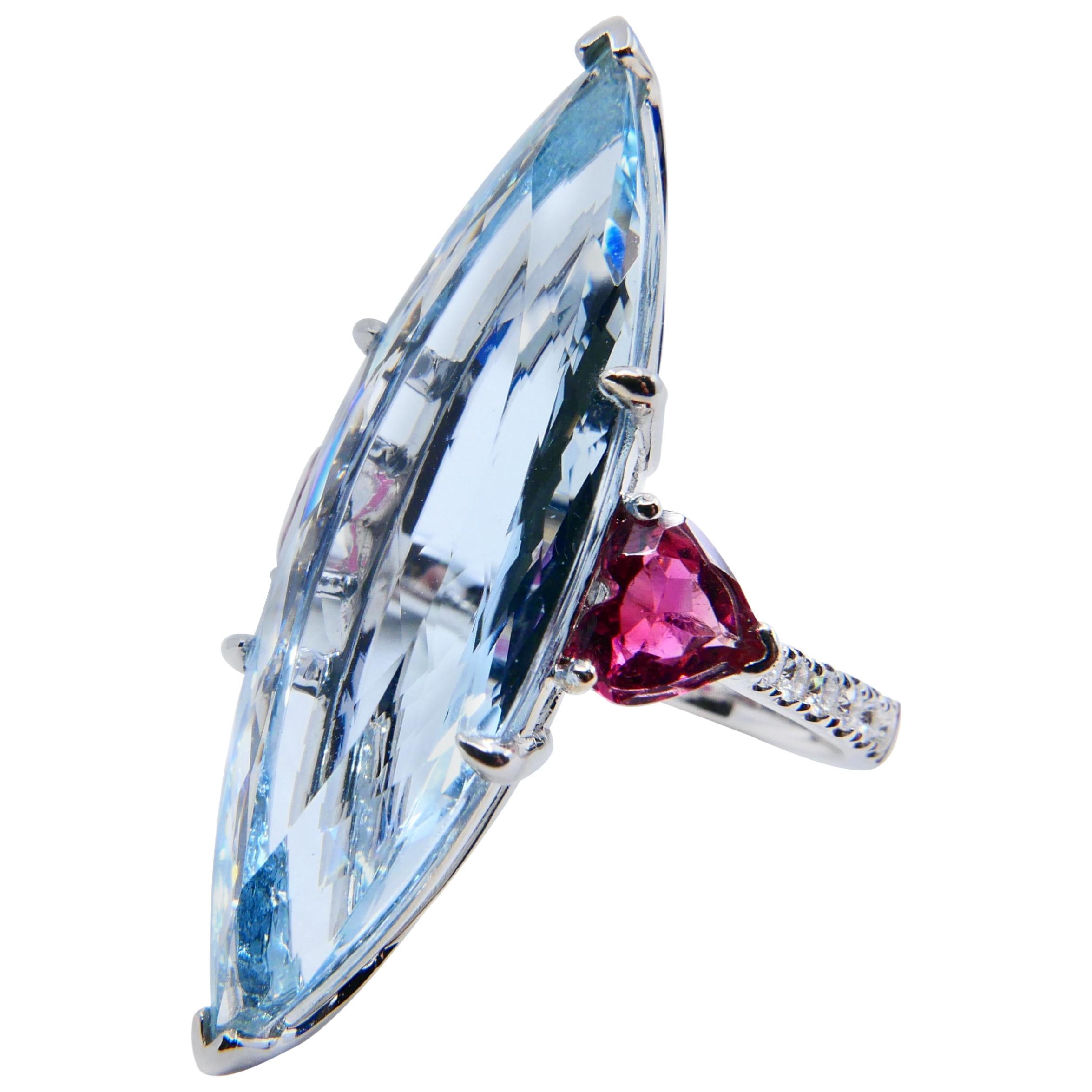 Certified 16Cts Aquamarine, Heart Shaped Pink Tourmaline & Diamond Cocktail Ring In New Condition For Sale In Hong Kong, HK