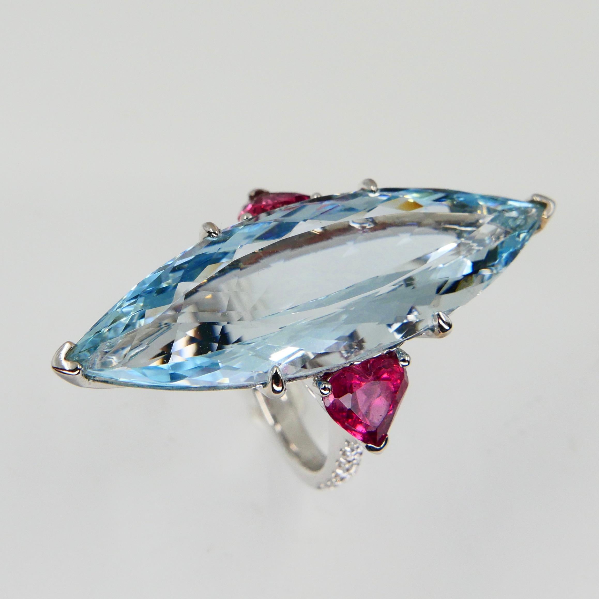 Women's Certified 16Cts Aquamarine, Heart Shaped Pink Tourmaline & Diamond Cocktail Ring For Sale