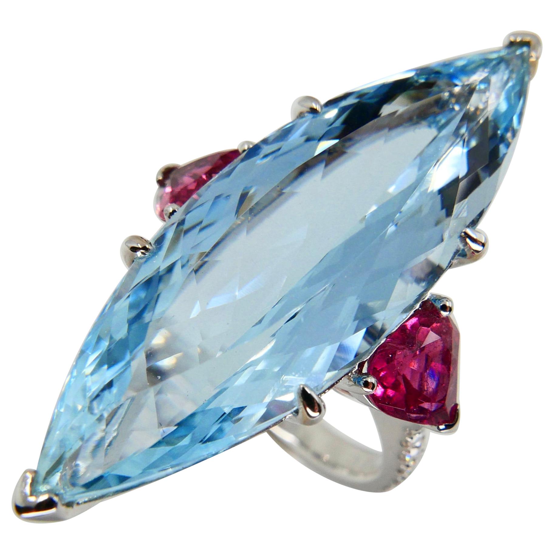 Certified 16Cts Aquamarine, Heart Shaped Pink Tourmaline & Diamond Cocktail Ring