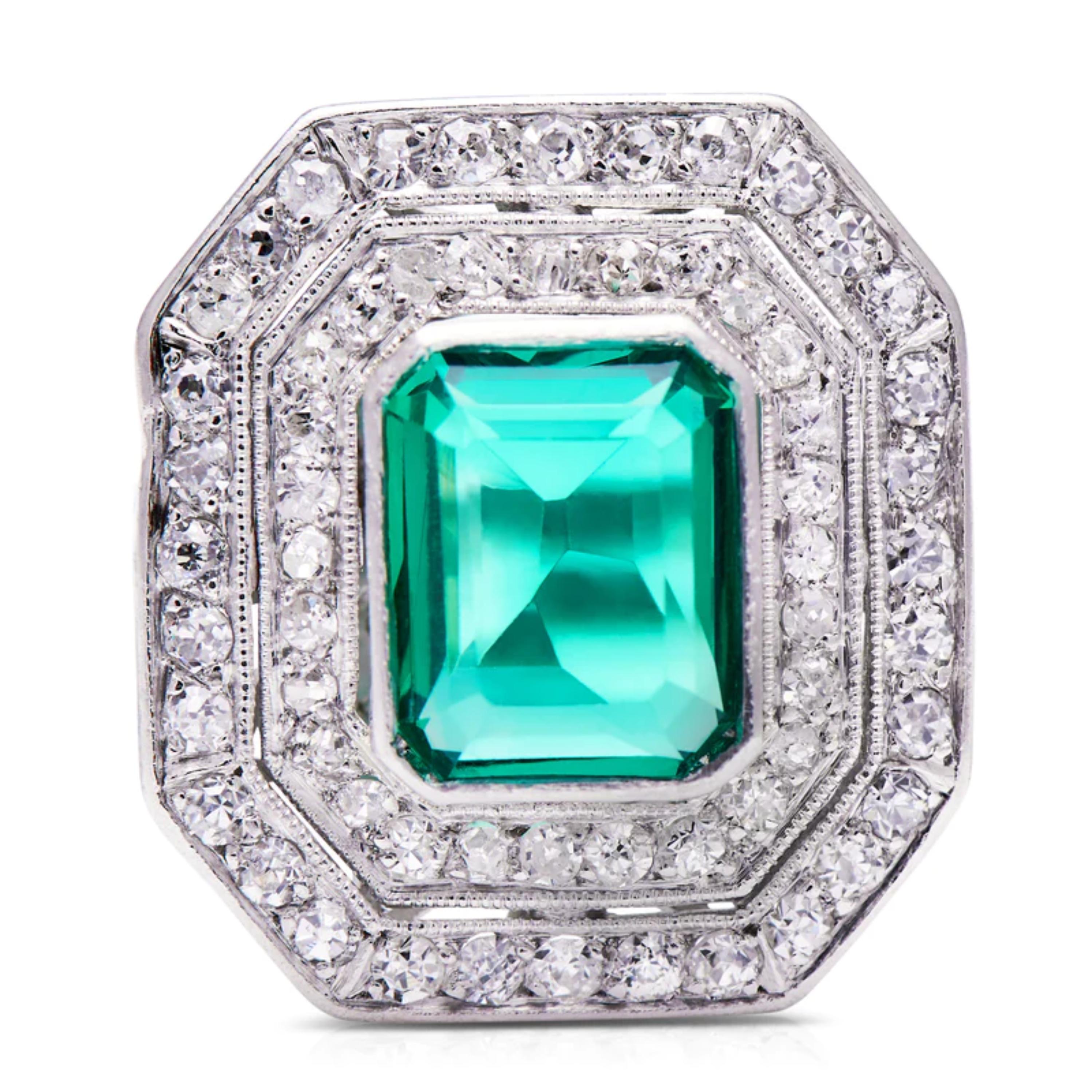 Art Deco Certified 1.70 Carat Double Halo Emerald Diamond Engagement Ring in 18k Gold For Sale
