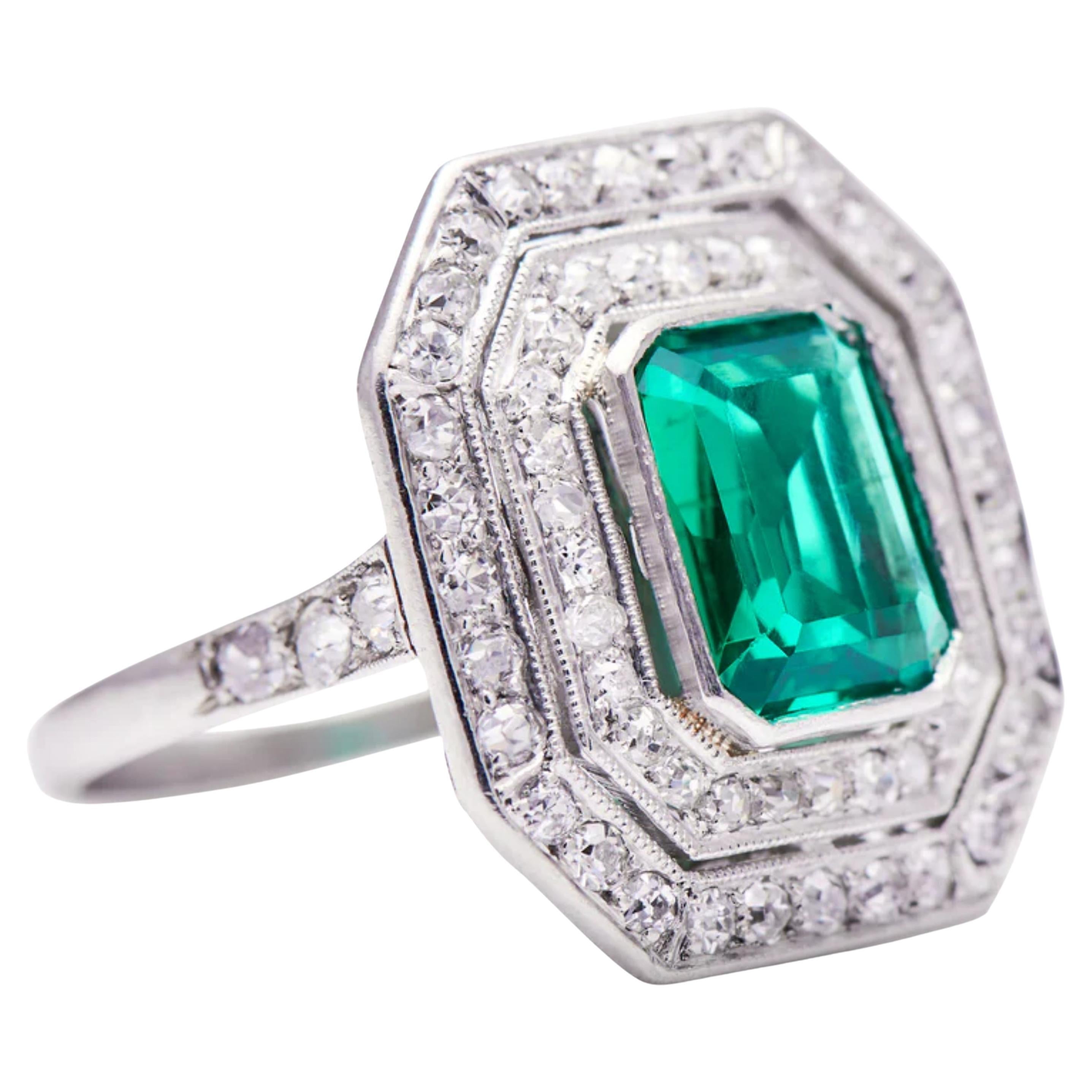 Certified 1.70 Carat Double Halo Emerald Diamond Engagement Ring in 18k Gold For Sale