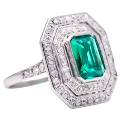 Certified 1.70 Carat Double Halo Emerald Diamond Engagement Ring in 18k Gold