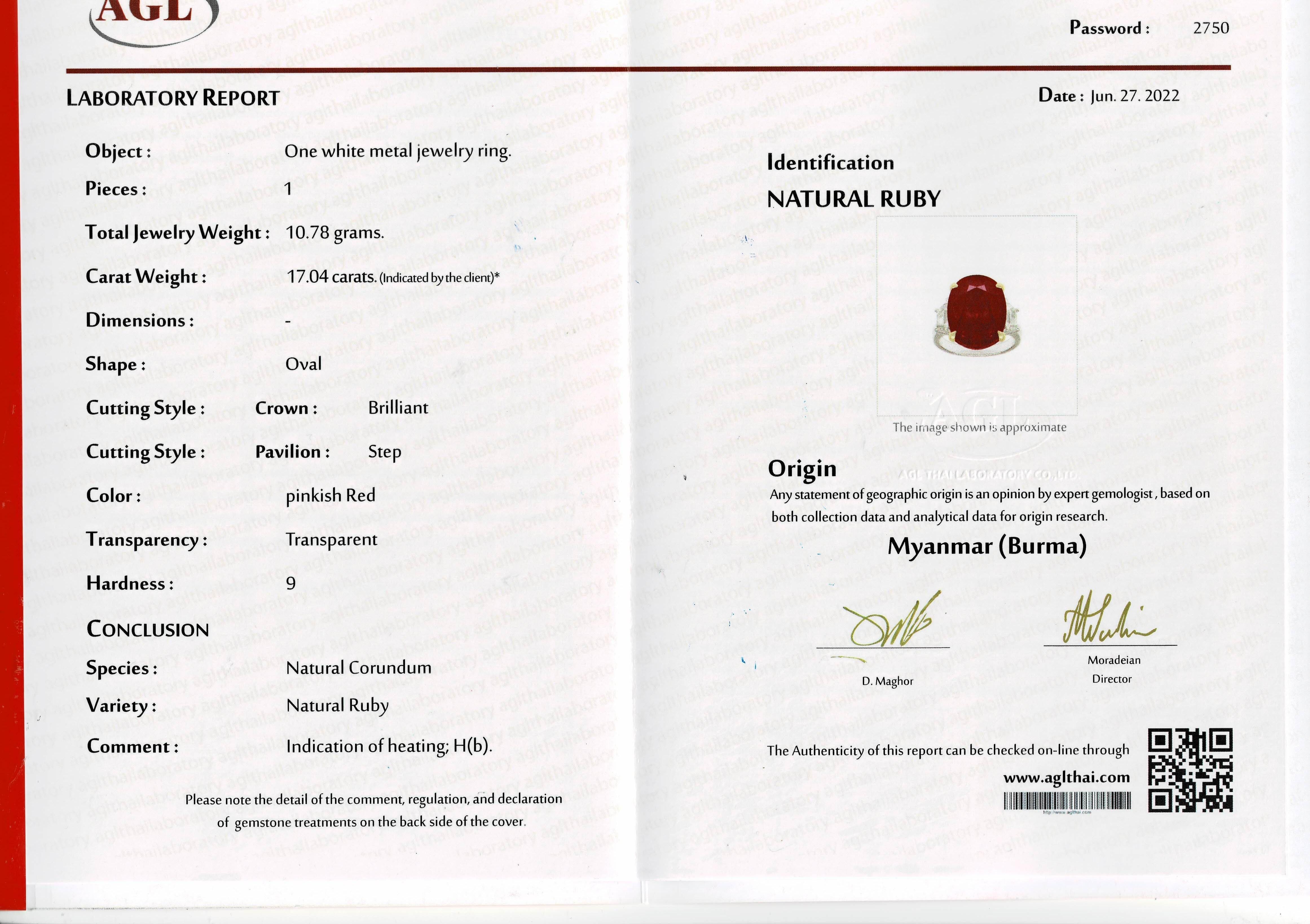 Certified 17.04 Carat Burmese Ruby and Diamond Three Stone Engagement Ring 2