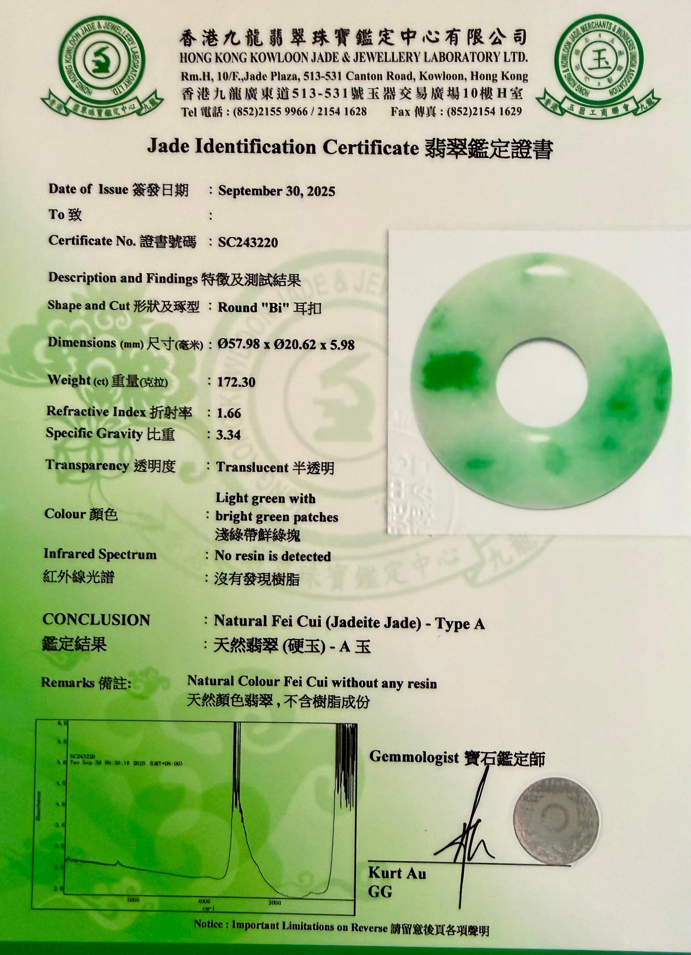 Ciondolo a ciambella di giada di giada da 58 mm certificato da 172 carati. Sostanziale. in vendita 15
