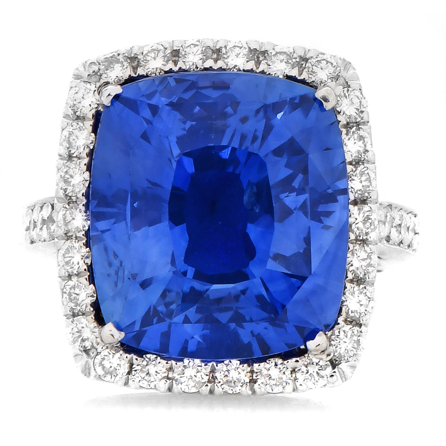  Certified 17.26ct Ceylon Blue Cushion Sapphire Diamond 18K Cocktail Ring In Excellent Condition For Sale In Miami, FL