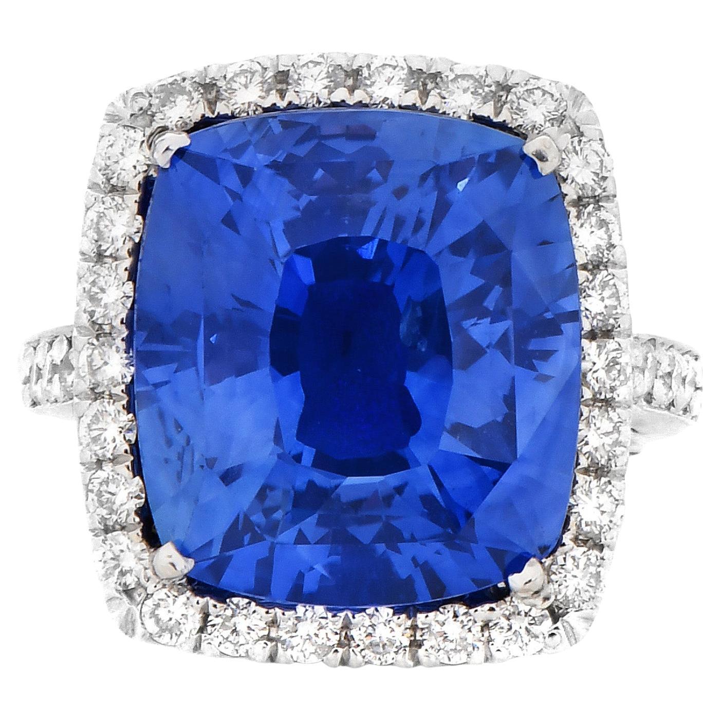  Certified 17.26ct Ceylon Blue Cushion Sapphire Diamond 18K Cocktail Ring For Sale