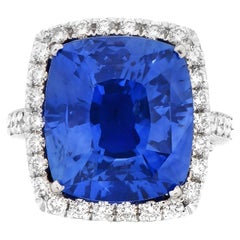 Vintage  Certified 17.26ct Ceylon Blue Cushion Sapphire Diamond 18K Cocktail Ring