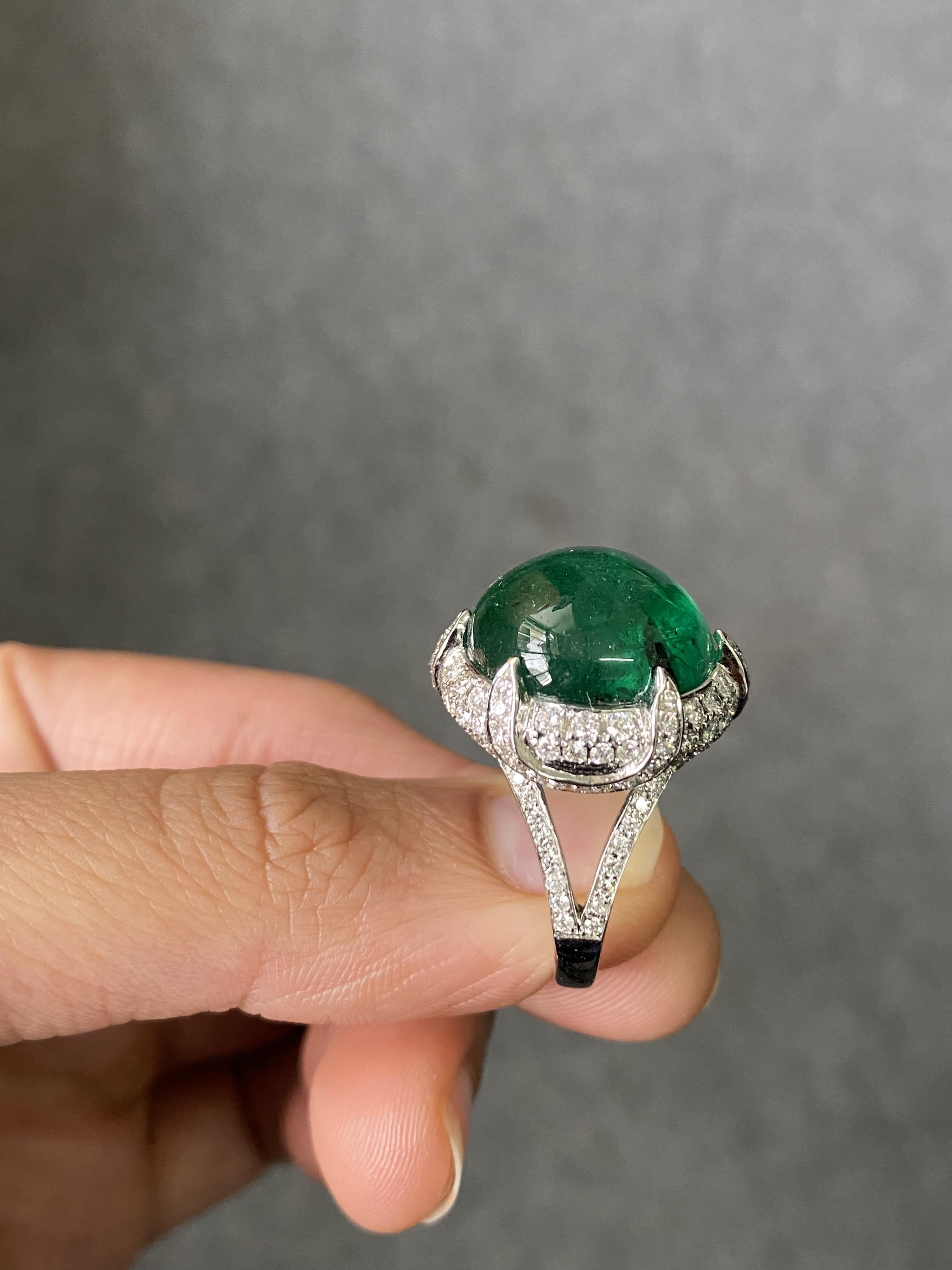 Certified 17.30 Carat Cabochon Emerald and Diamond Cocktail Engagement Ring For Sale 5